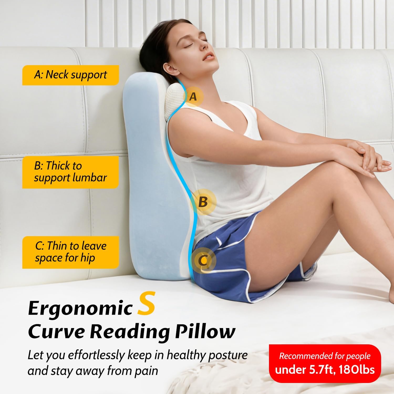 Ergonomic S Curve Reading Pillow for Sitting in Bed Adult- Back Pillow for Bed Sitting up with Adjustable Headrest- Memory Foam White, Blue