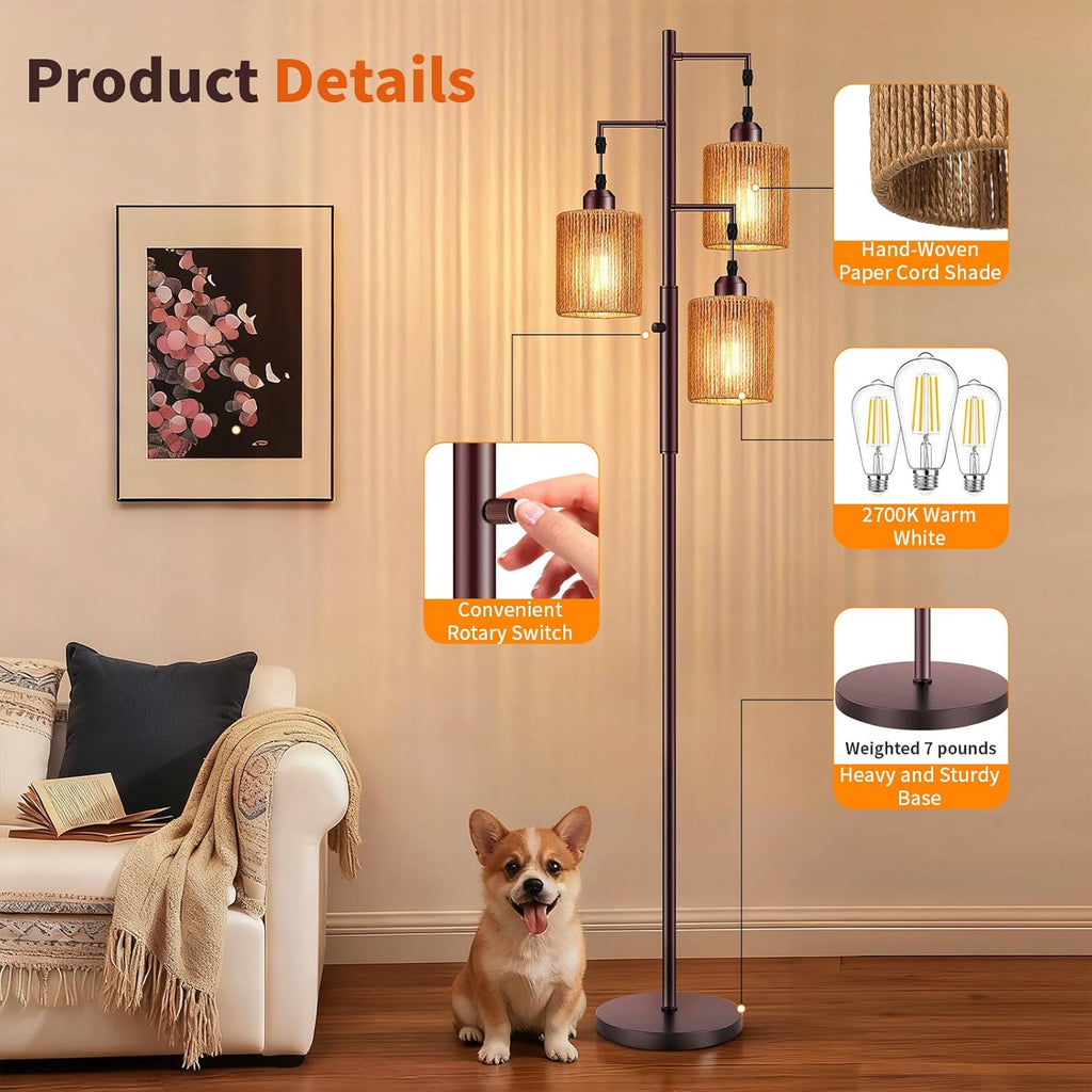 Hotsonic 72" Tall Boho Rattan Style Floor Lamp with Hand-Woven Paper Cord Shade, Dimmable Industrial Tree Standing Lamp for Living Room…
