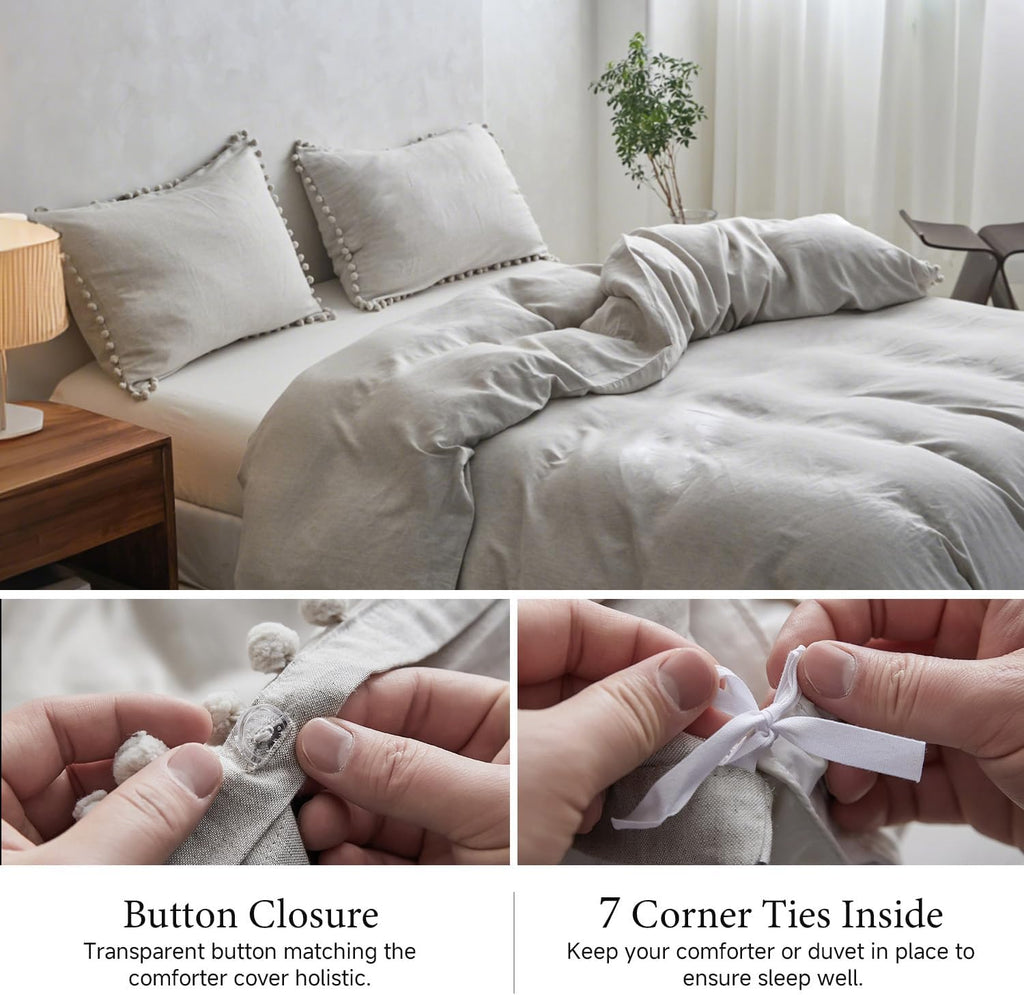 Simple&Opulence French Linen Blended Duvet Cover Queen, Flax Viscose Derived from Bamboo Bedding Set with Pom Pom Trim Soft Cooling for…