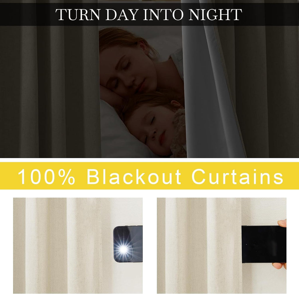 Nicetown Natural Thick Linen Full Blackout Curtains for Living Room and Bedroom, W52 x L96, 2 Panels Bronze Grommet 2 Layers Window Treatme…