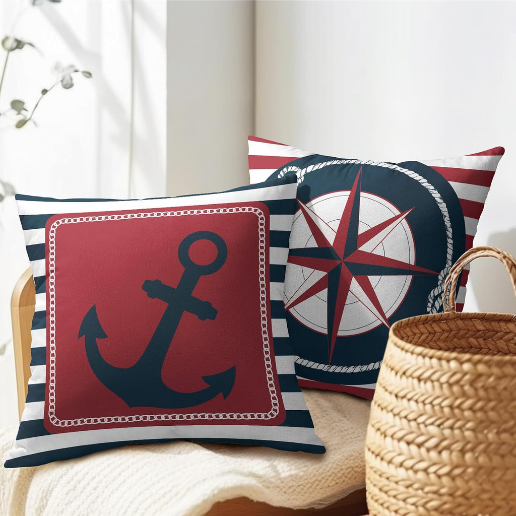 Anchor Compass Throw Pillow Cases Outdoor Nautical Pillow Covers Blue and White Stripes Decorative Cushion Cover 24x24 Inch Red and White…