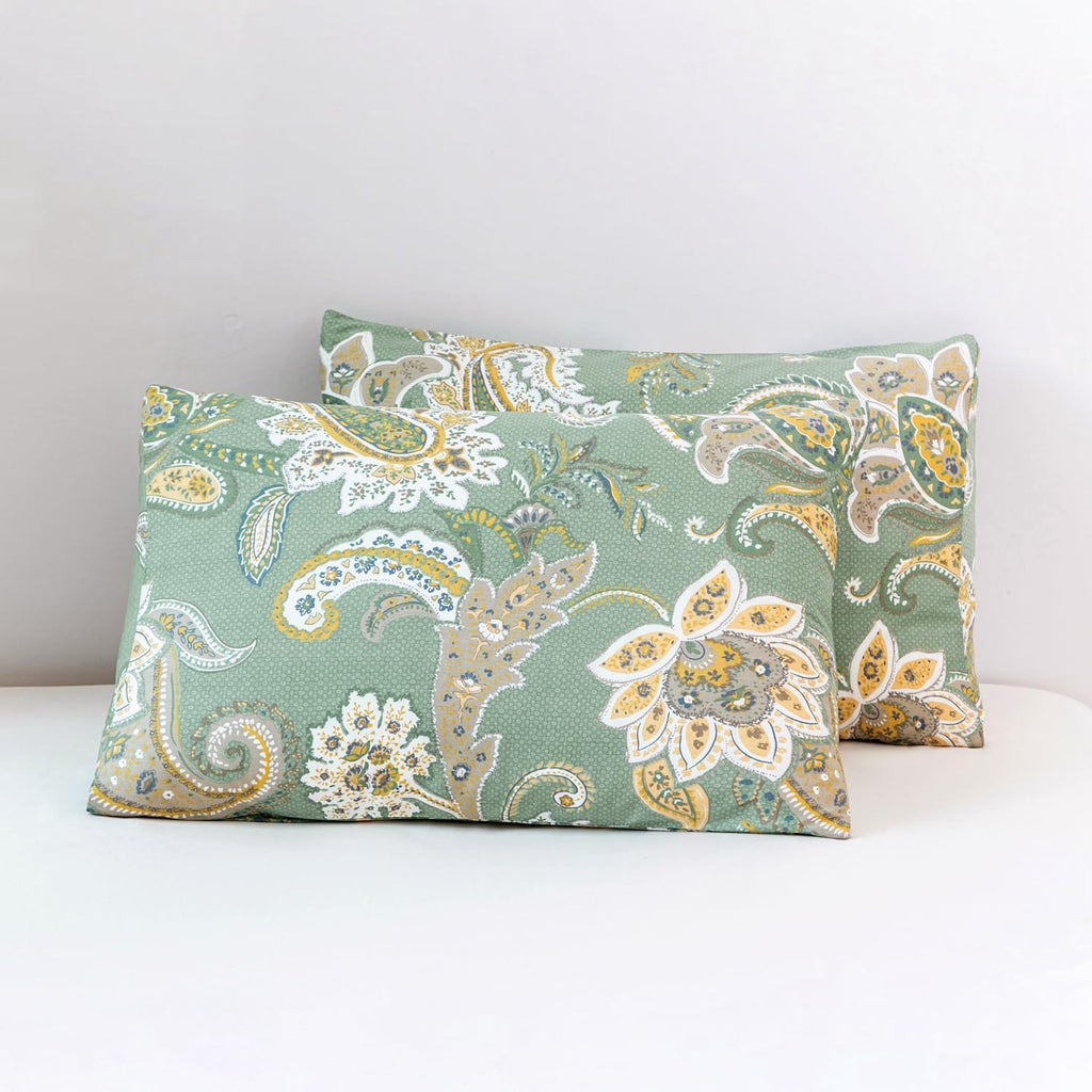 YuHeGuoJi Green Pillow Cases Queen Set of 2 100% Cotton Decorative Beige Boho Pillow Covers Decorative Paisley Floral Pillow Protectors Env…
