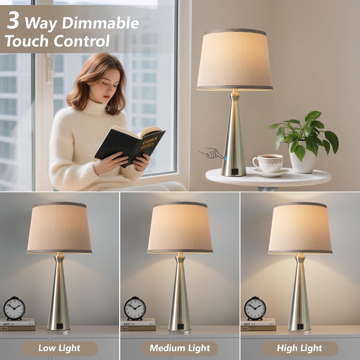Seealle Modern Table Lamps Set of 2 - Touch Bedside Lamp for Nightstand with Dual USB C+A,3-Way Dimmable Silver Nightstand Lamps for…