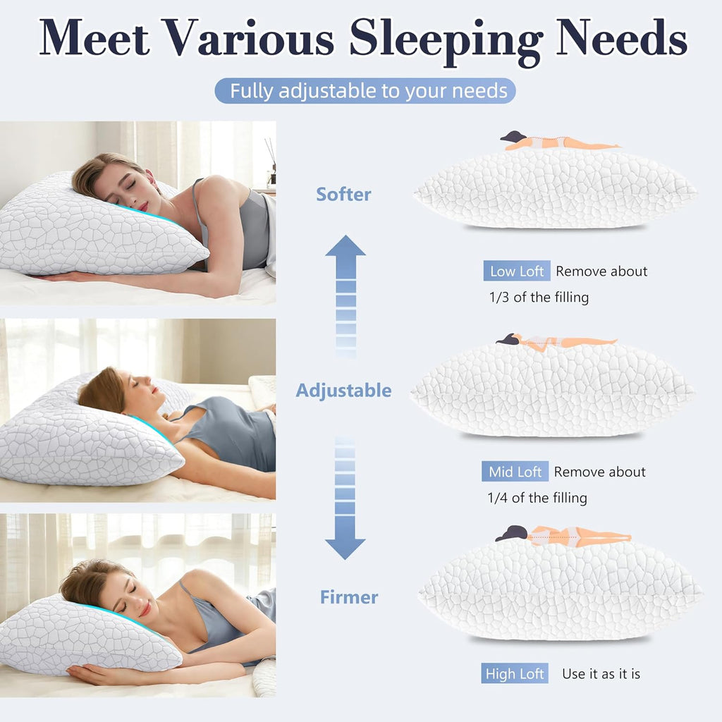 Yettbea Adjustable Shredded Memory Foam Pillows Queen Size Set of 2, Luxury Bamboo Cooling Pillow w/Washable Zippered Cover, Soft or Firm…