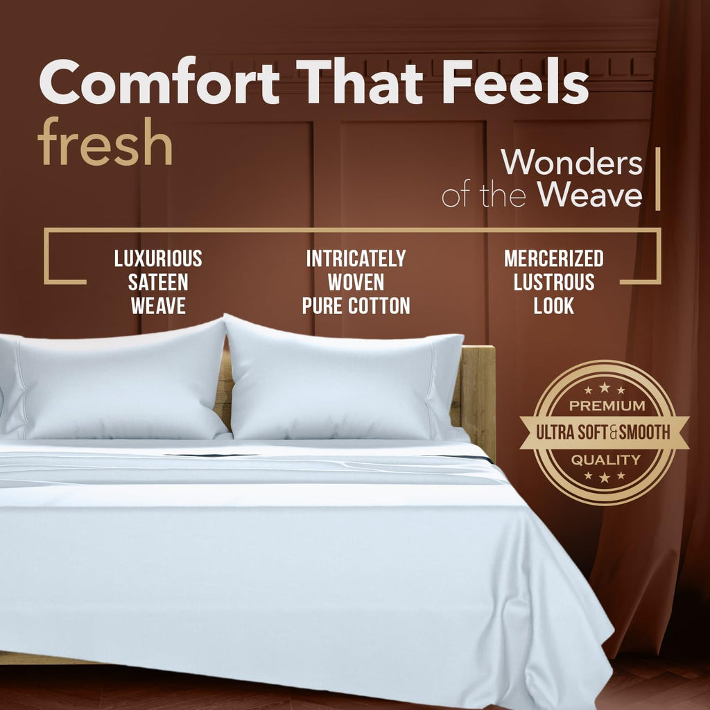 TEXAS LINEN CO. Egyptian Cotton Sheets Queen Size – 300 Series Cotton Queen Sheet Set (4 PC, Light Blue), Soft & Durable, Cooling, 16"…