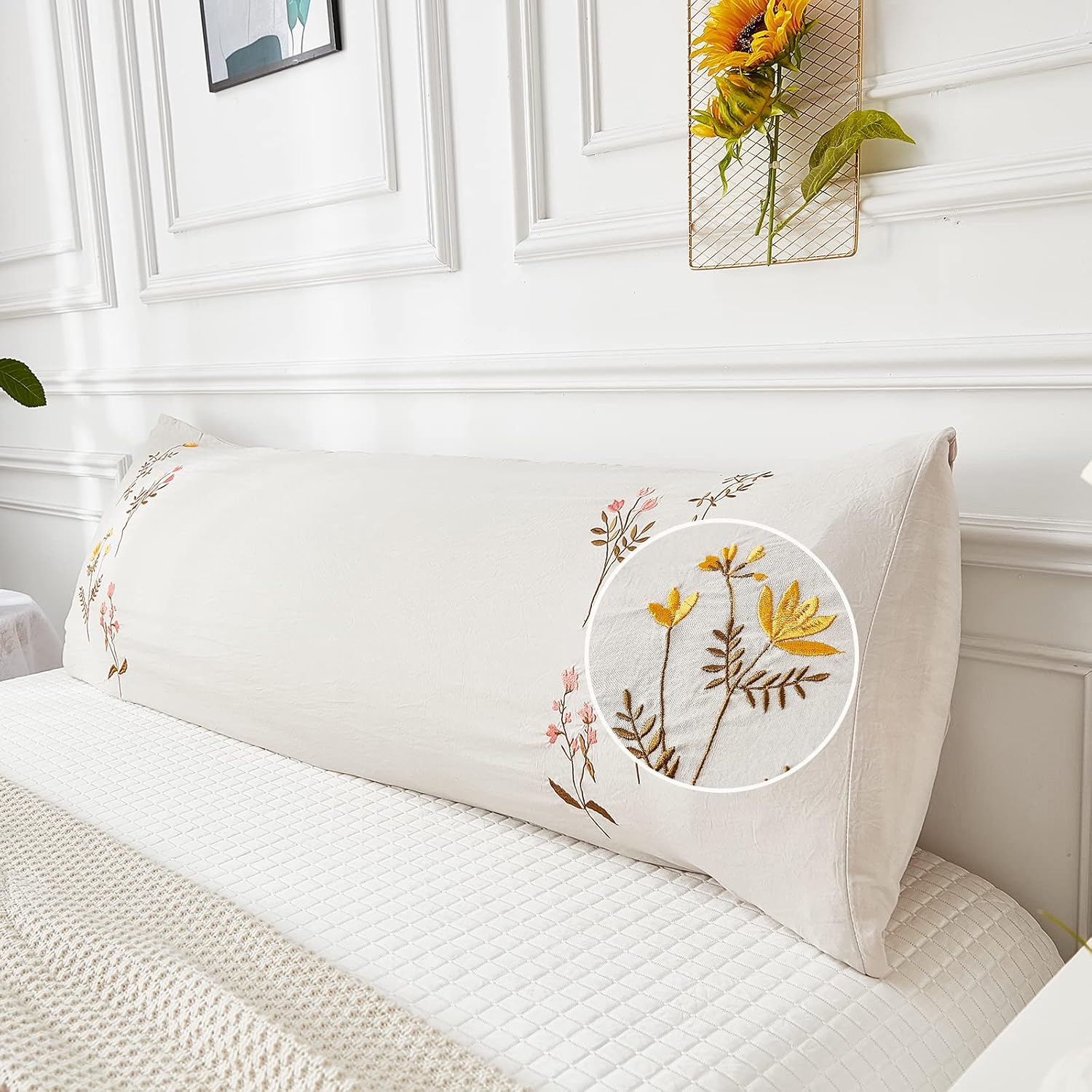 Moveover MOVE OVER Beige Flower Body Pillow Cover 20x54 Body Pillow Covers Embroidery Flower Long Pillow Covers Girls Women Pink Yellow Spr…