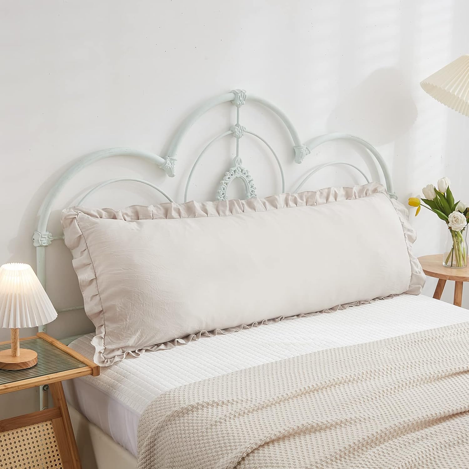 Merryword Beige Grey Body Pillow Cover 20x54inches Long Pillowcase Ruffled Pillowcases Shabby Chic Ruffled Fringe Decor Cute Body Ruffled P…