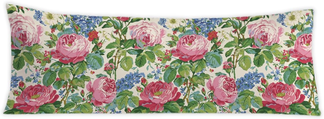 Vintage Rose Floral 20x54 Body Pillow Cover, French Country Blooming Garden Rose Flower Decorative Long Body Pillow Cases for Bed Couch