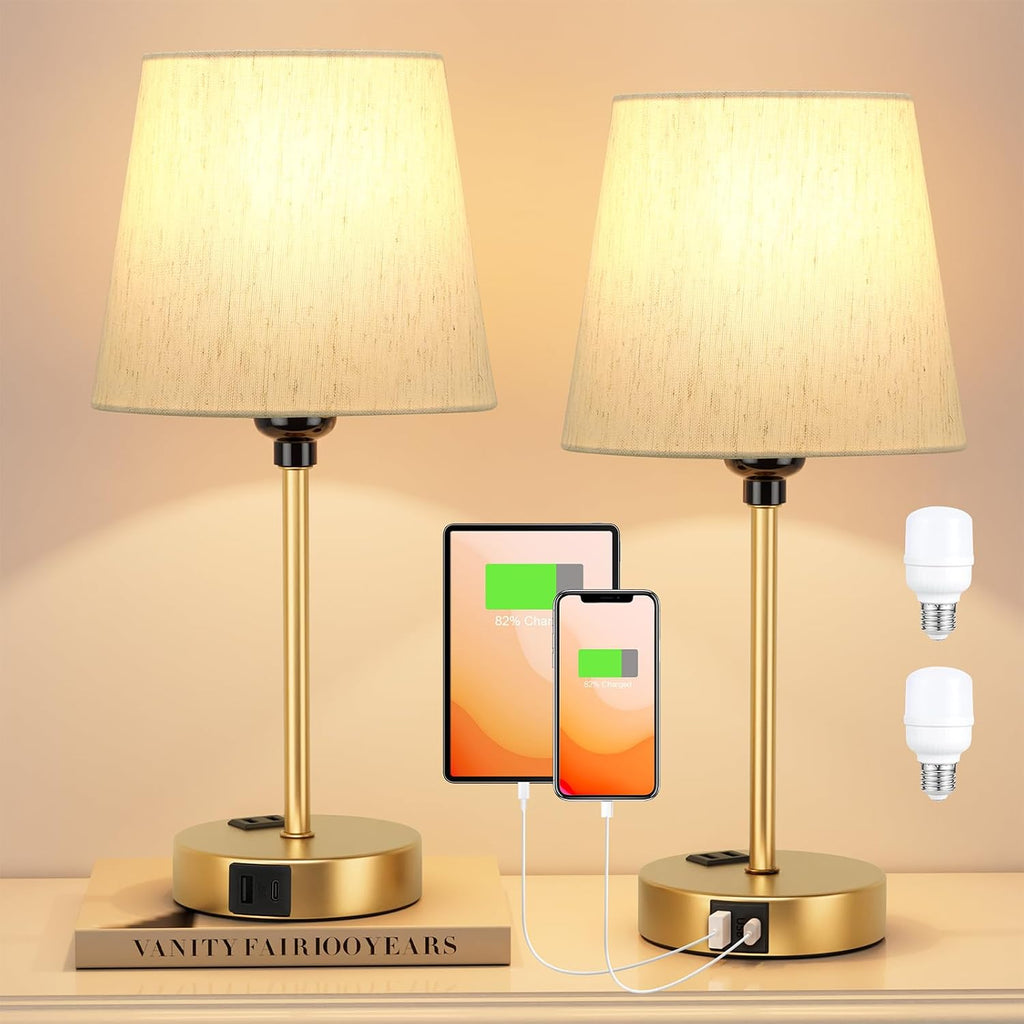 Lamp for bedrooms Set of 2 - Nightstand Bedroom Lamp with USB C Port and AC Outlet Charging, 3 Way Dimmable Touch Control Bed Side Table…