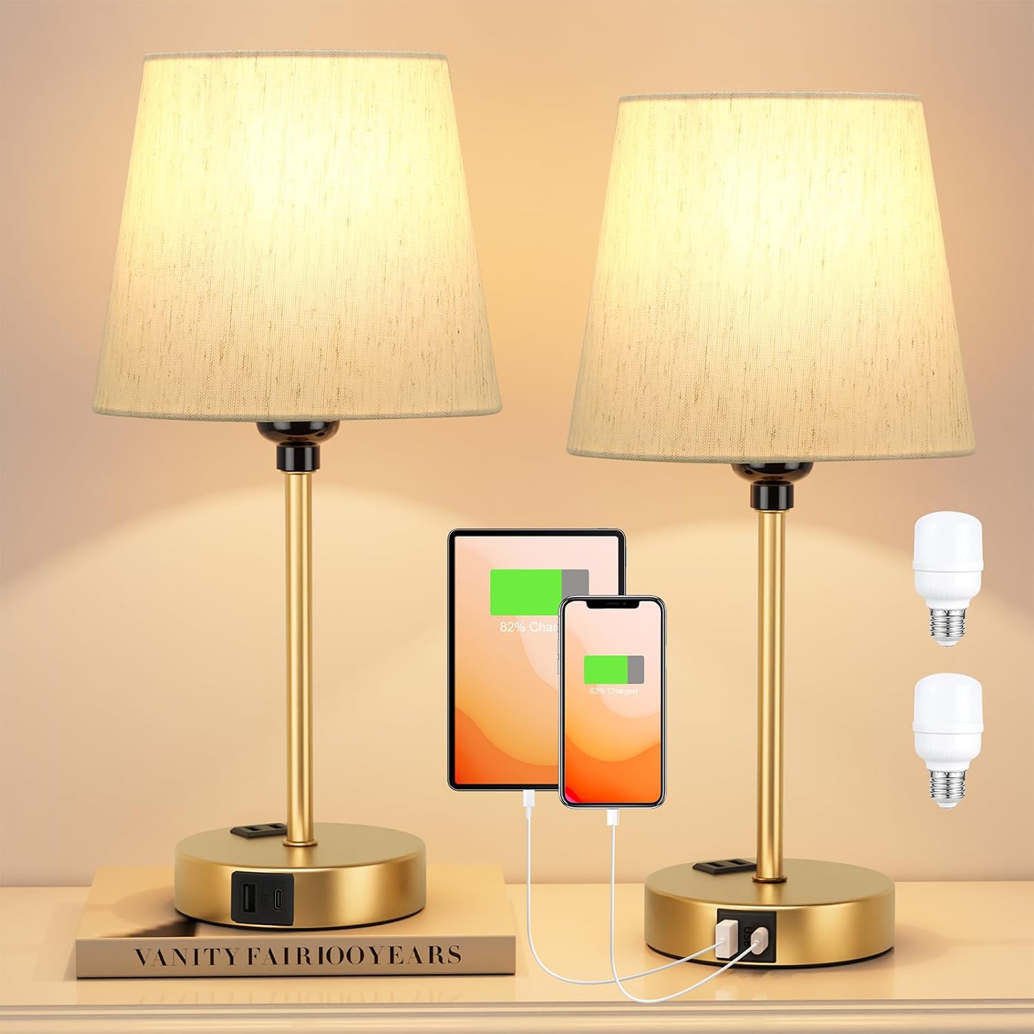 Lamp for bedrooms Set of 2 - Nightstand Bedroom Lamp with USB C Port and AC Outlet Charging, 3 Way Dimmable Touch Control Bed Side Table…