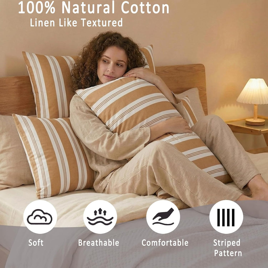 Merryword Khaki Striped Pillowcases, 100% Cotton Pillow Cases, Queen Size Pillowcases, Luxury Linen Like Pillowcase, Soft Breathable Stripe…