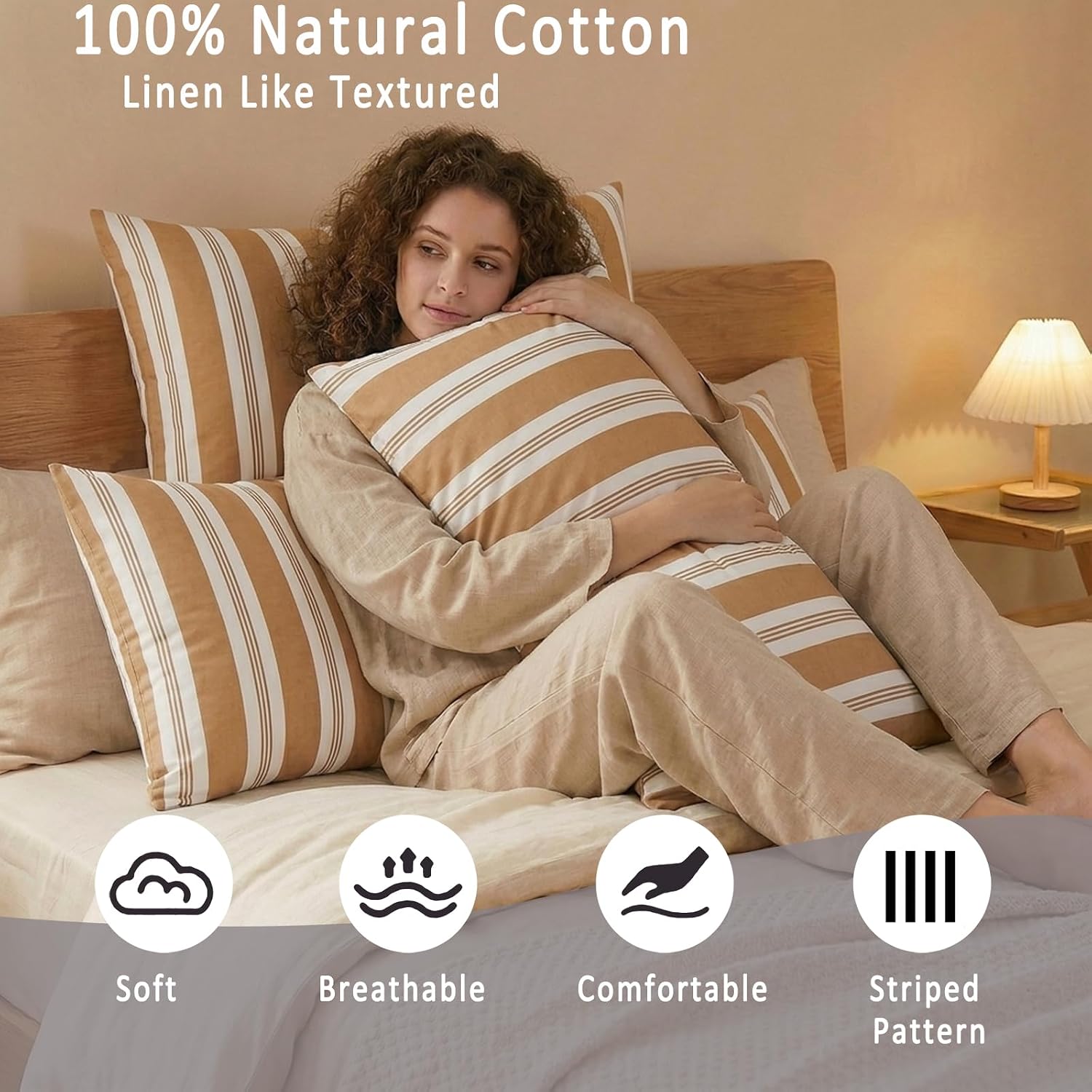 Merryword Khaki Striped Pillowcases, 100% Cotton Pillow Cases, Standard Size Pillowcases, Luxury Linen Like Pillowcase, Soft Breathable Str…