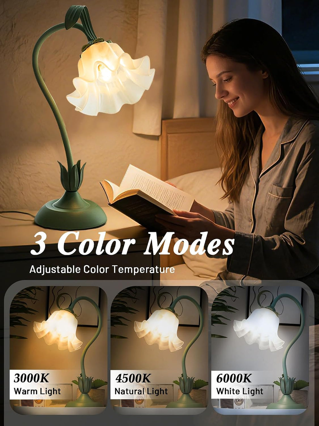 Bedside Table Lamp for Bedroom, Vintage Flower Table Lamps, LED Reading Light 3 Color Modes Bedside Lamps, Nightstand Lamp Kawaii Desk…