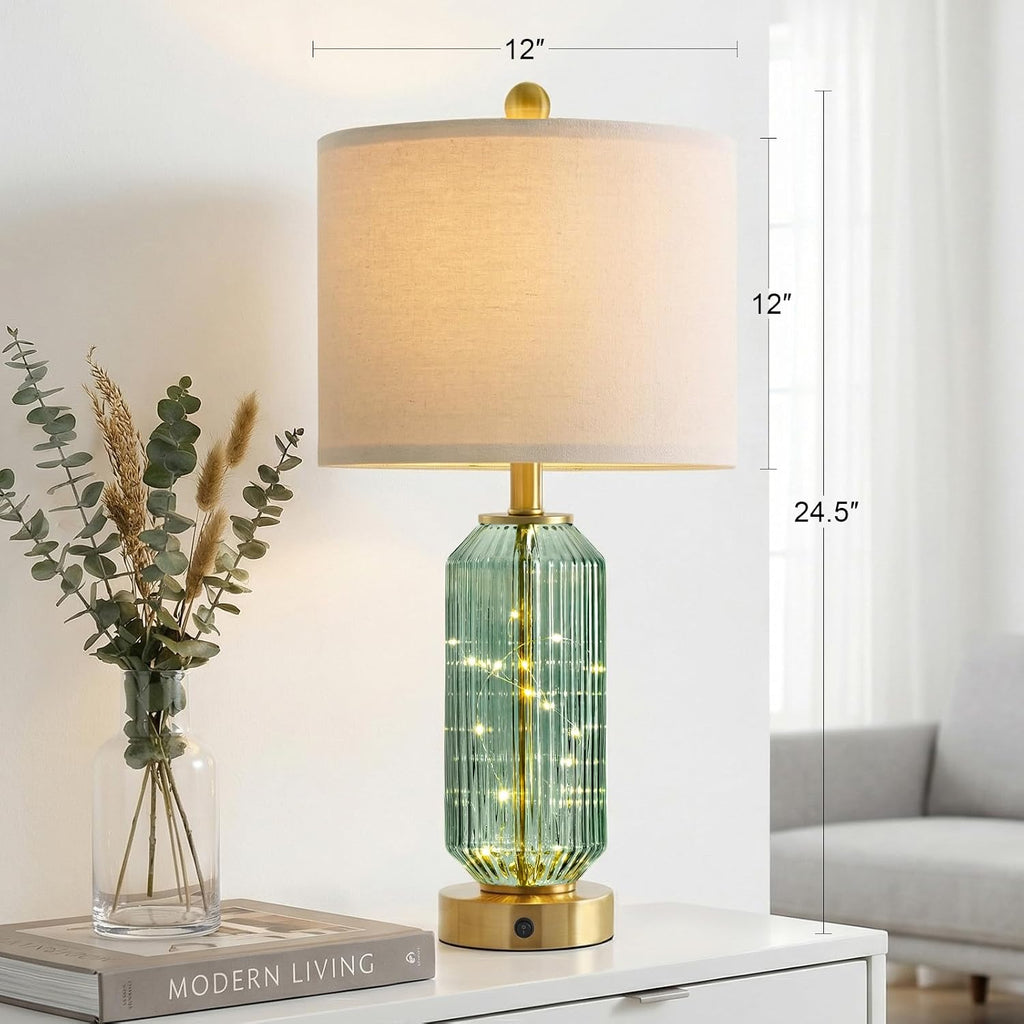 Oneach 24.5" Bedside Table Lamps Set of 2, Green Glass Nightstand Lamps with USB A+C Charging Ports and Night Light, Gold Modern Lamps…