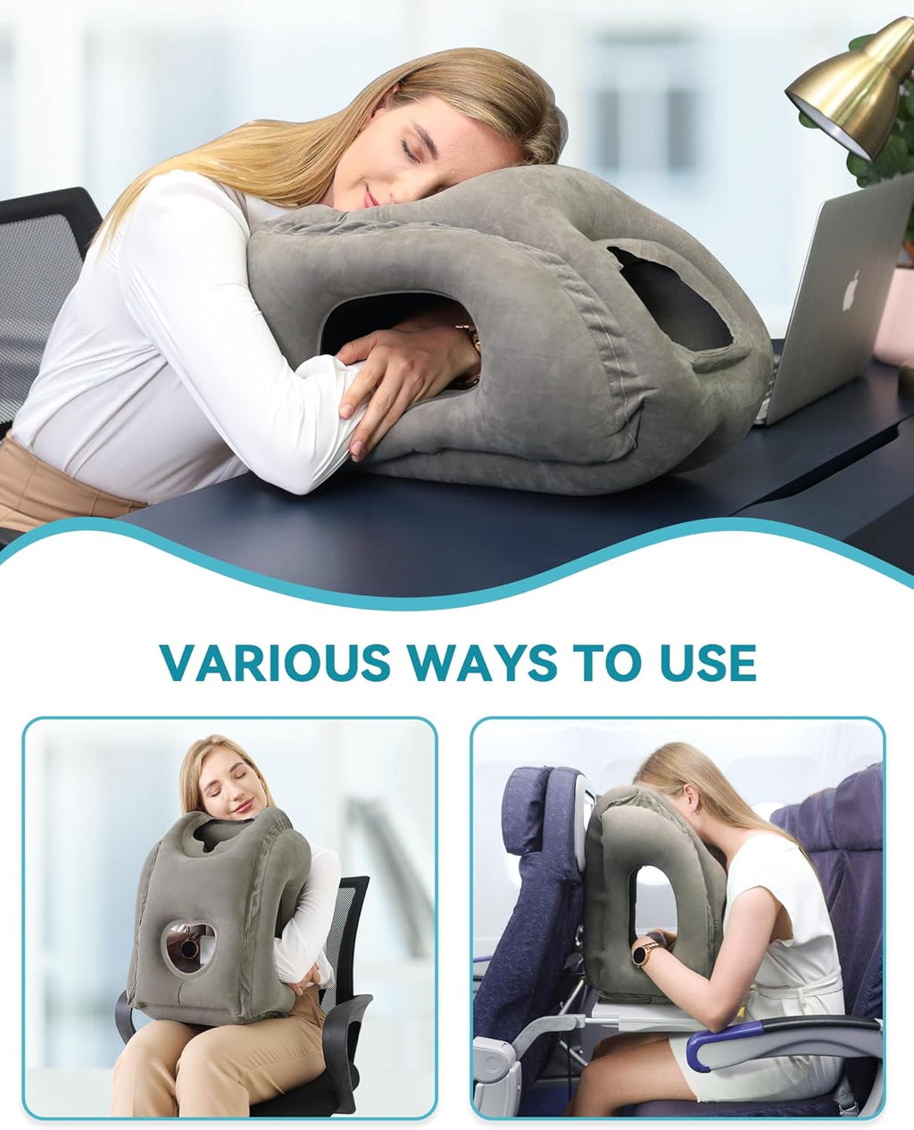 Inflatable Travel Pillow, Airplane Neck Pillow Comfortably Supports Head and Chin for Airplanes, Trains, Cars Office Napping on The Tray…