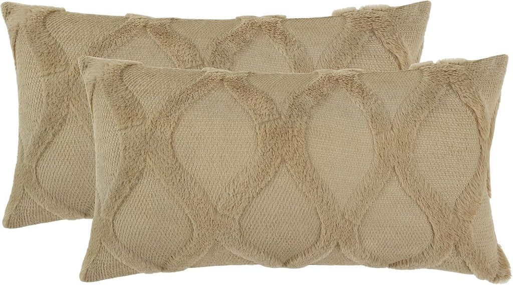 decorUhome Summer Throw Pillow Covers 12x20 Inch Set of 2, Soft Plush Faux Fur Wool Lumbar Khaki Accent Couch Pillow Covers for Modern Farm…
