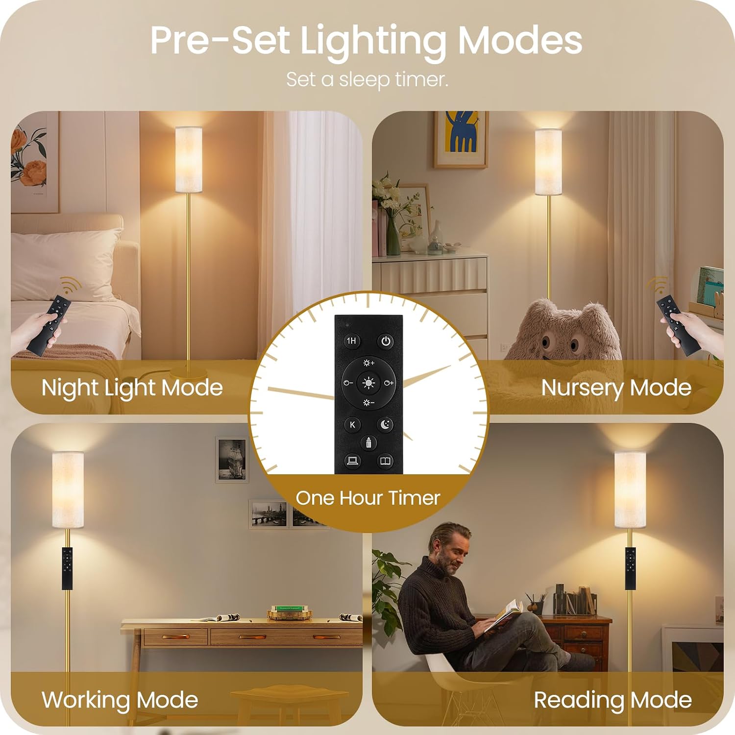 Dimmable Floor Lamp for Living Room with Remote and Foot Switch, Standing Tall Lamp, Bulb Included, 3000K-6500K, Beige and Gold, FCC…