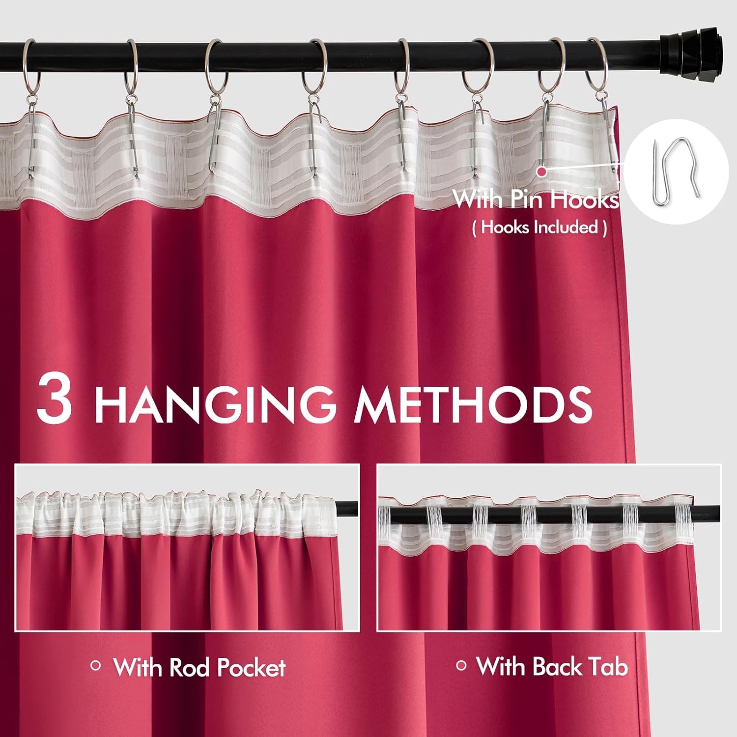 Miulee Hot Pink Back Tab Blackout Curtains 120 Inch Long 2 Panels Set for Bedroom, Rod Pocket/Pinch Pleated Extra Long Thermal Insulated Li…