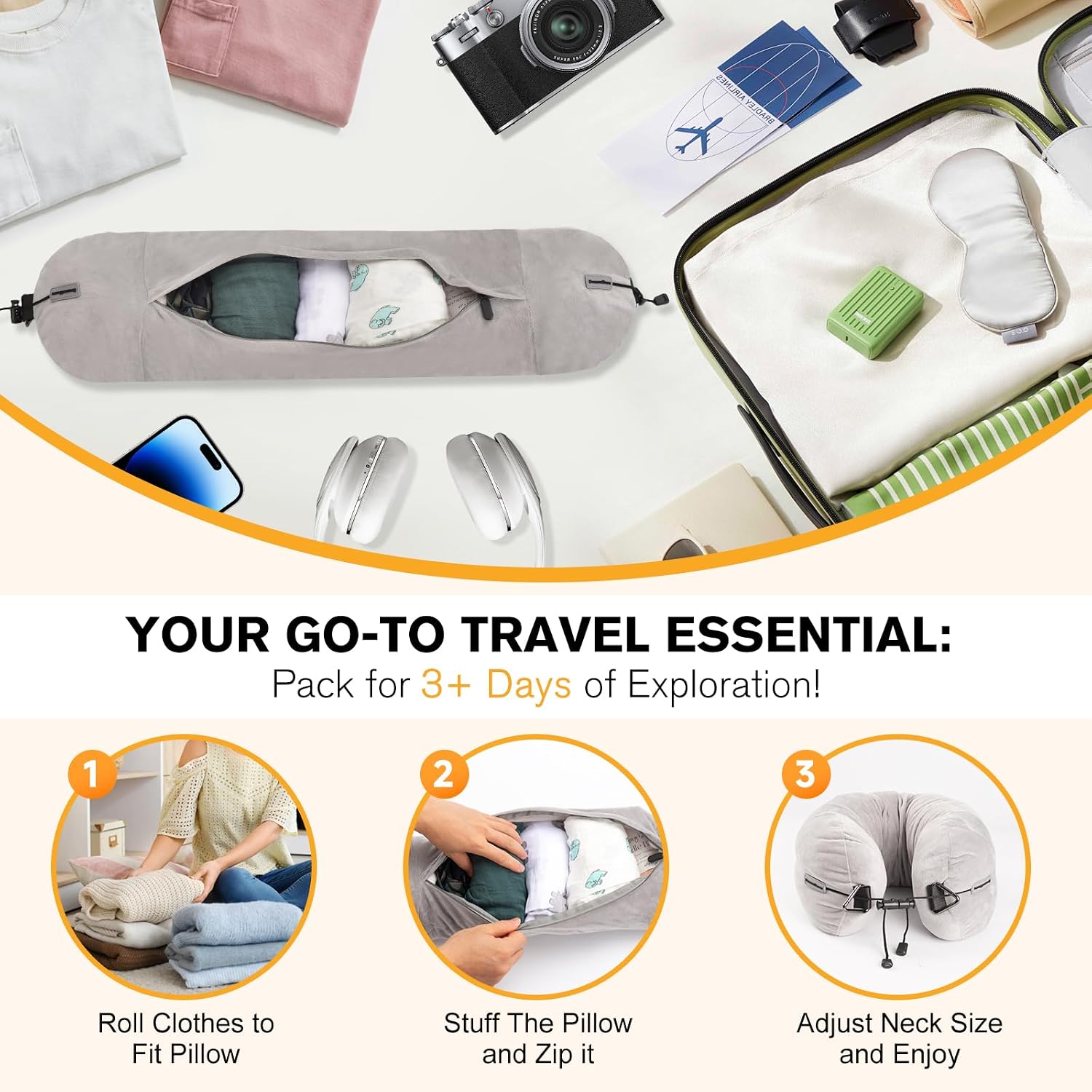 DreamShore Travel Pillow for Extra Luggage: Stuffable Neck Pillow with Adjustable Neck Size | Fits 3+ Days of Travel Essentials |…