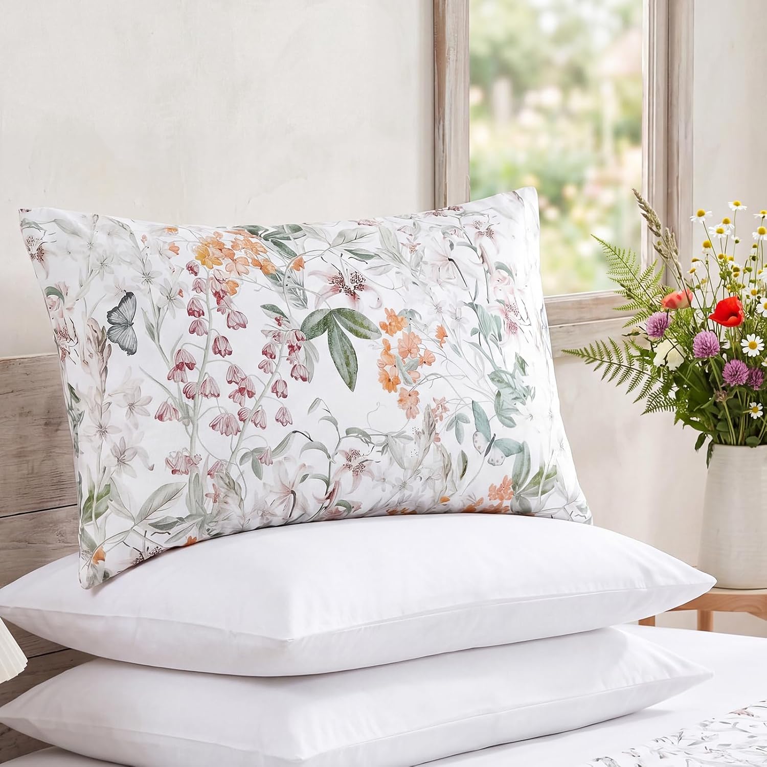 Bedorm Standard Size Pillow Cases Set 100% Cotton Pillow Covers 2 Pieces Yellow Flower Botanical Print Floral Pillow Case with Pocket Closu…
