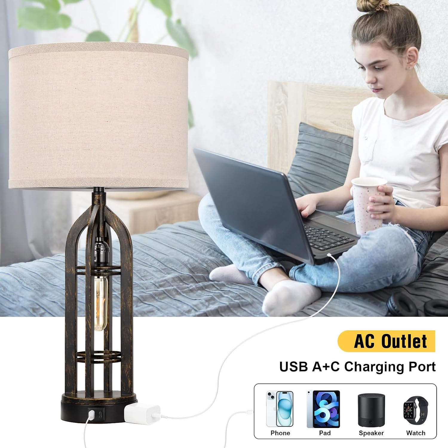 Seealle Table Lamp for Living Room Set of 2 - Copper Bedside Lamp for Bedroom with USB C+A & Outlet, Farmhouse Lamps for Night Stands…