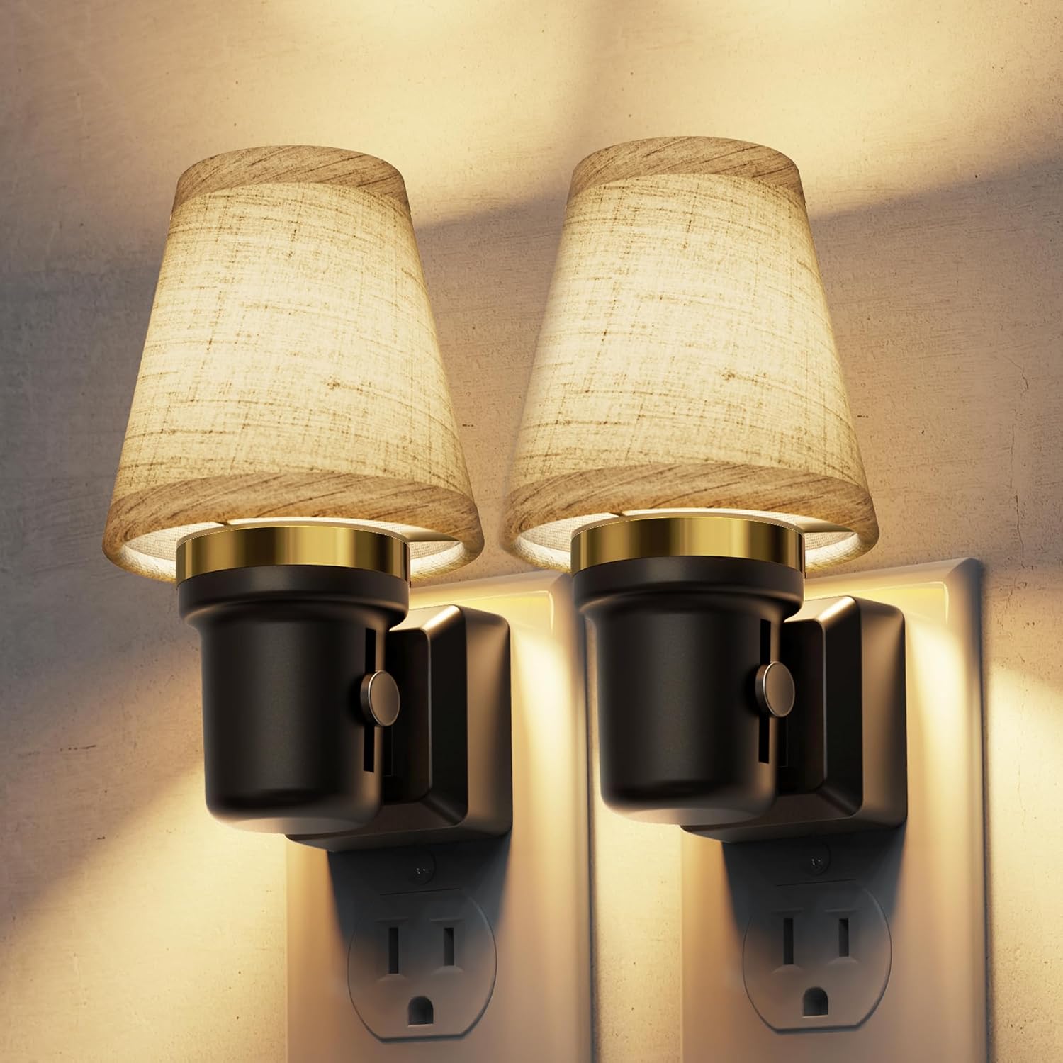 L LOHAS LED Night Lights Plug into Wall, 2 Pack Linen Fabric Round Platform Decor Night Light, Dusk to Dawn Sensor Vintage Nightlight…