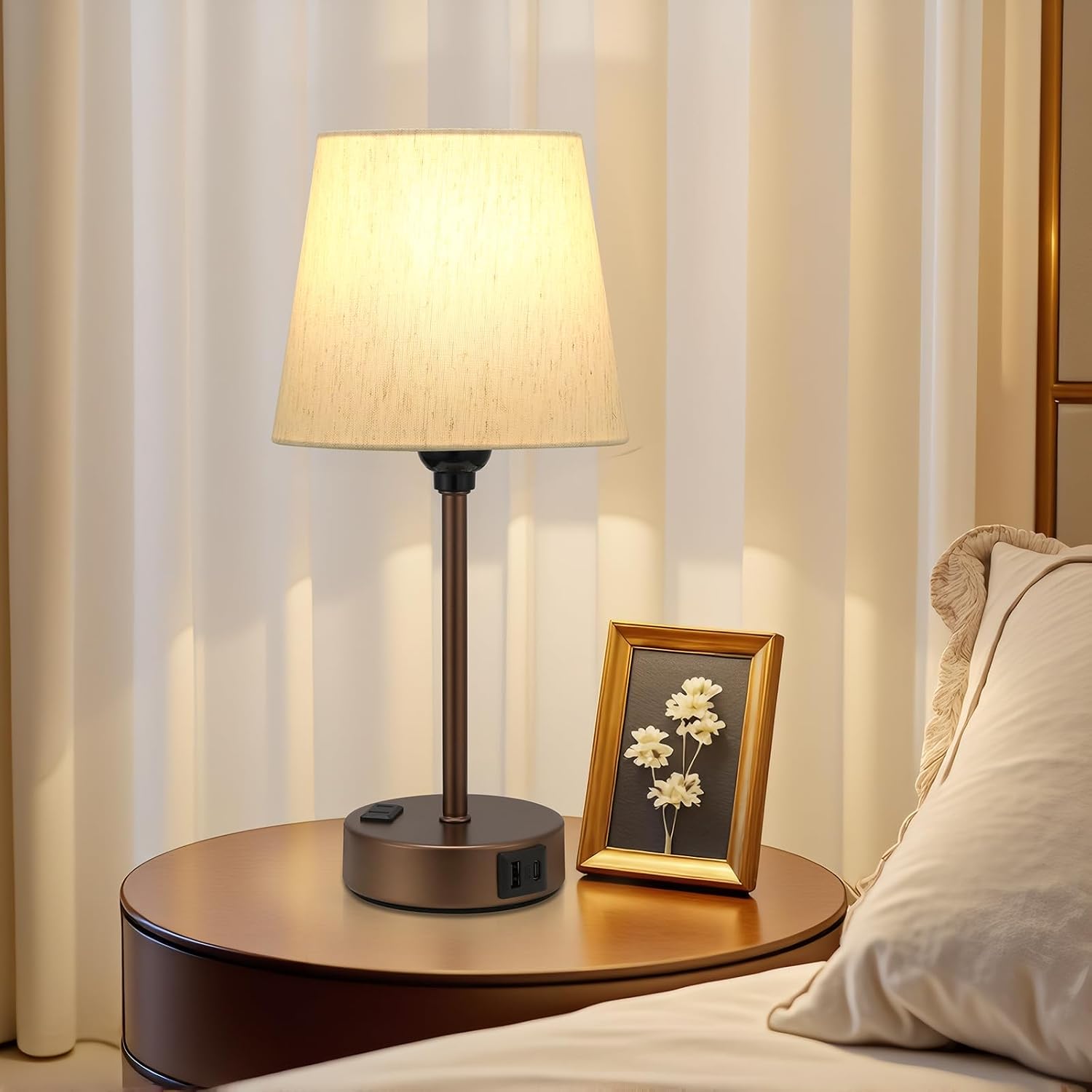 Brown Bedside Lamps for bedrooms Set of 2 - Nightstand Bedroom Lamp with USB C Port and AC Outlet Charging, 3 Way Dimmable Touch Control…