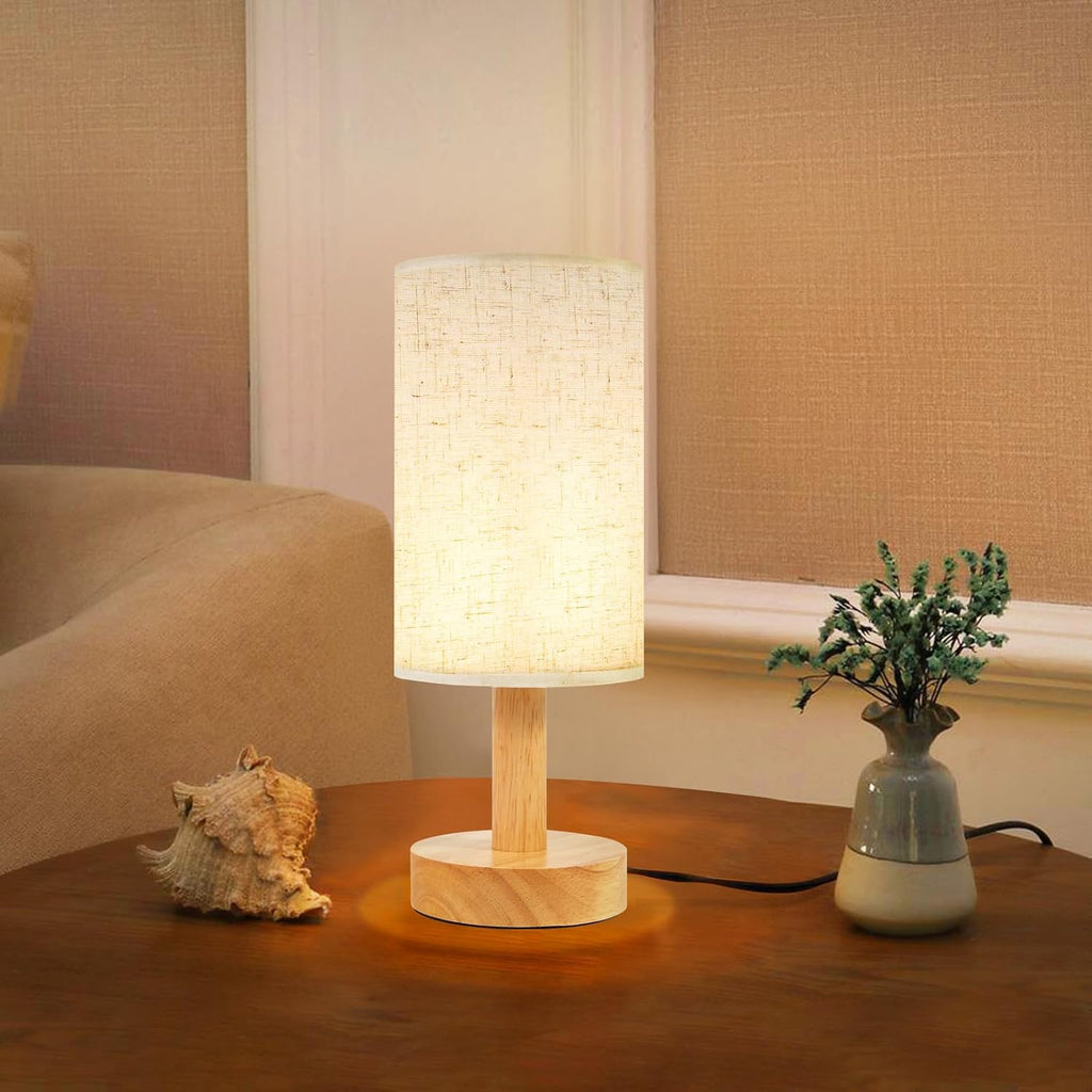 Small Bedside Table Lamp for Bedroom, Natural Round Wood Base&Fabric Linen Shade, Cozy Night Table Light for Study Reading, Minimalist Boho…