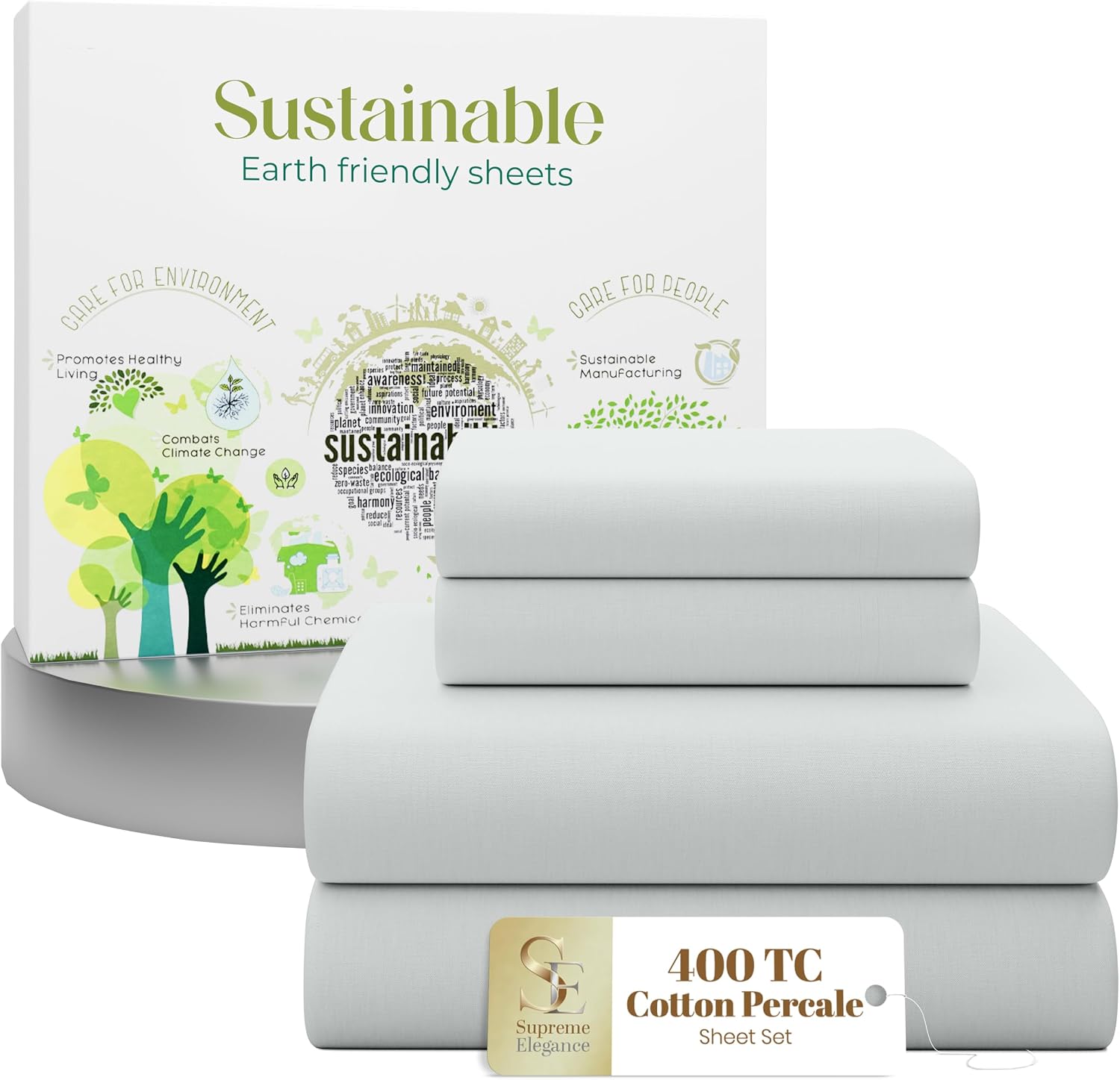 SupremeElegence SUPREME ELEGANCE 4 Pcs 100% Cotton Queen Sheet Set, Soft Silver, 400 Thread Count, Percale Weave, Cooling, Long Staple Cott…