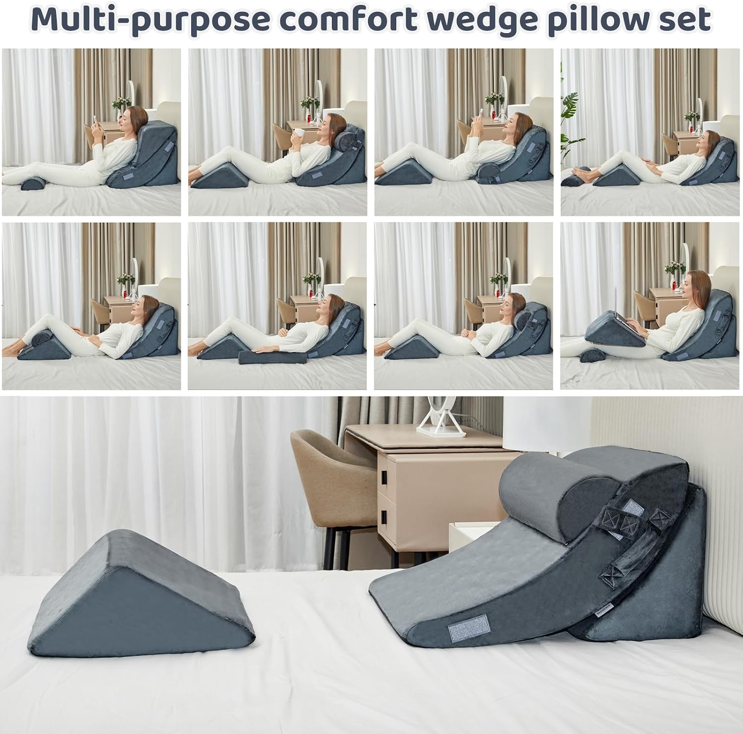 PIASHJOY 4pcs Bed Wedge Pillow for Sleeping, Wedge Pillow for Acid Reflux Relief, Post Surgery Recovery of Body Back and Leg Pain, Pill…