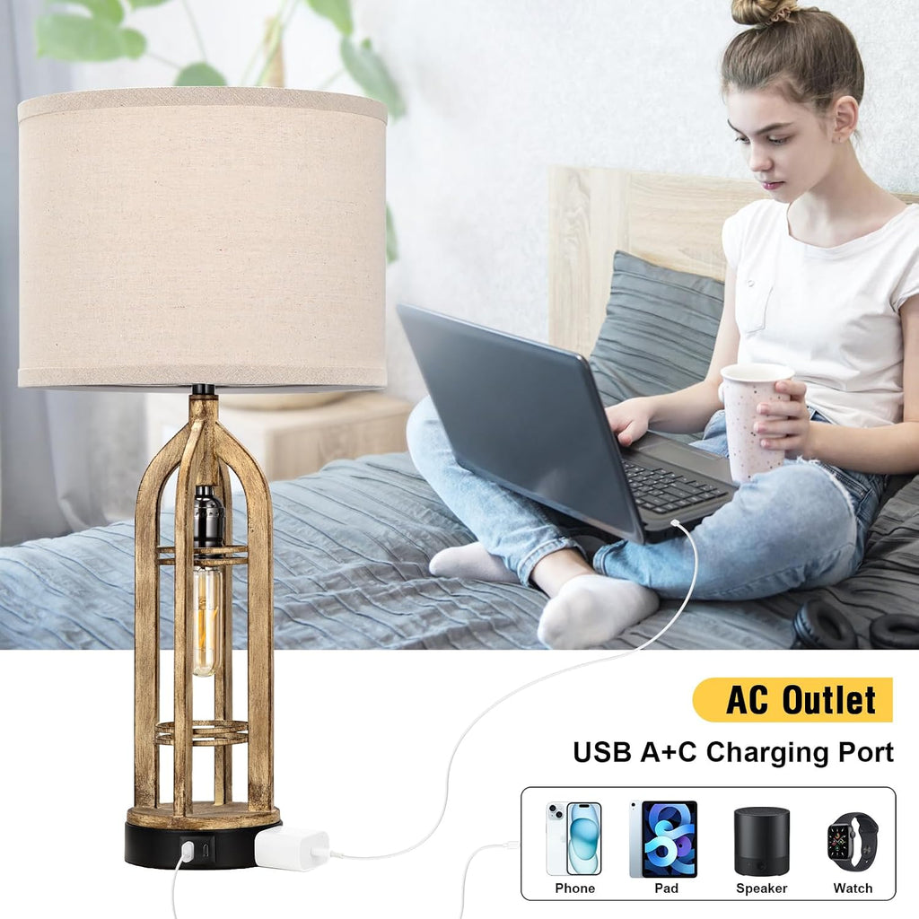 Seealle Table Lamp for Living Room Set of 2 - Wood-Like Bedside Lamp for Bedroom with USB C+A & Outlet, Farmhouse Lamps for Night Stands…