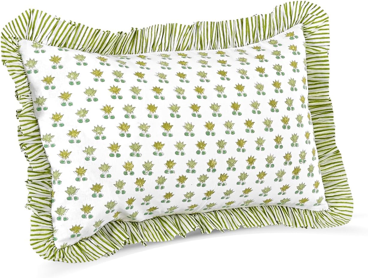 Cottonprintclub CPC Hand Block Print Lotus Meadow Ruffle Sham Pillow Cover 20" x 12" inch Hidden Zipper Decorative Pillowcase for Couch, Be…