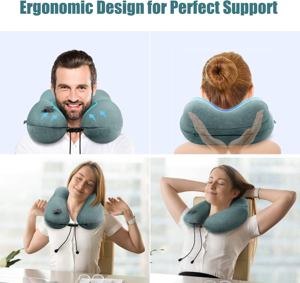Compact Travel Neck Pillow for Airplanes, Super Soft Velvet Neck Support, Adjustable Firmness, Inflatable Plane Pillow for Long Flights…