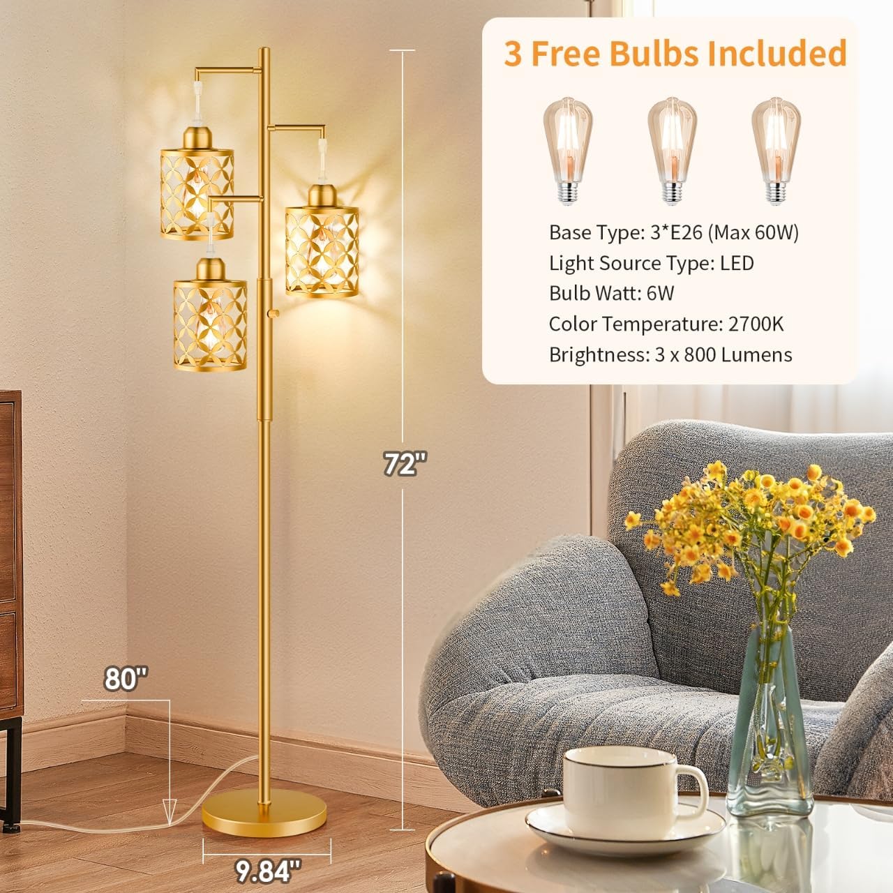 Dimmable Floor Lamp, Farmhouse Standing Lamp with Elegant Metal Cage, Industrial Tall Tree Floor Lamps for Living Room, Bedroom, Study…