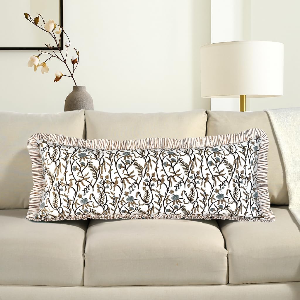Cottonprintclub CPC Hand Block Print Cocoa Vine Ruffle Sham Pillow Cover 36" x 14" inch Hidden Zipper Decorative Pillowcase for Couch, Bed,…