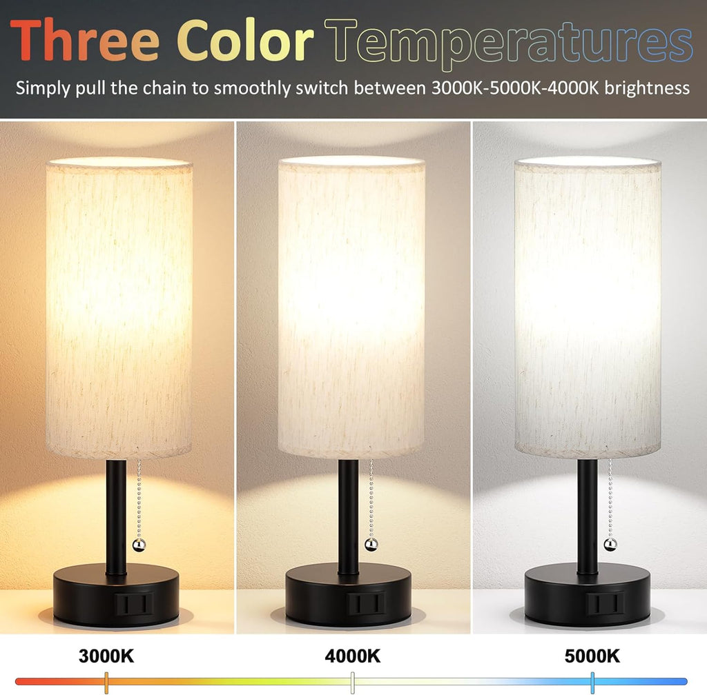 Bedside Table Lamps Set of 2-3 Color Temperatures Pull Chain Lamp with AC Outlet Charging Port, Small Round Night Stand Lamps for Bedroom…