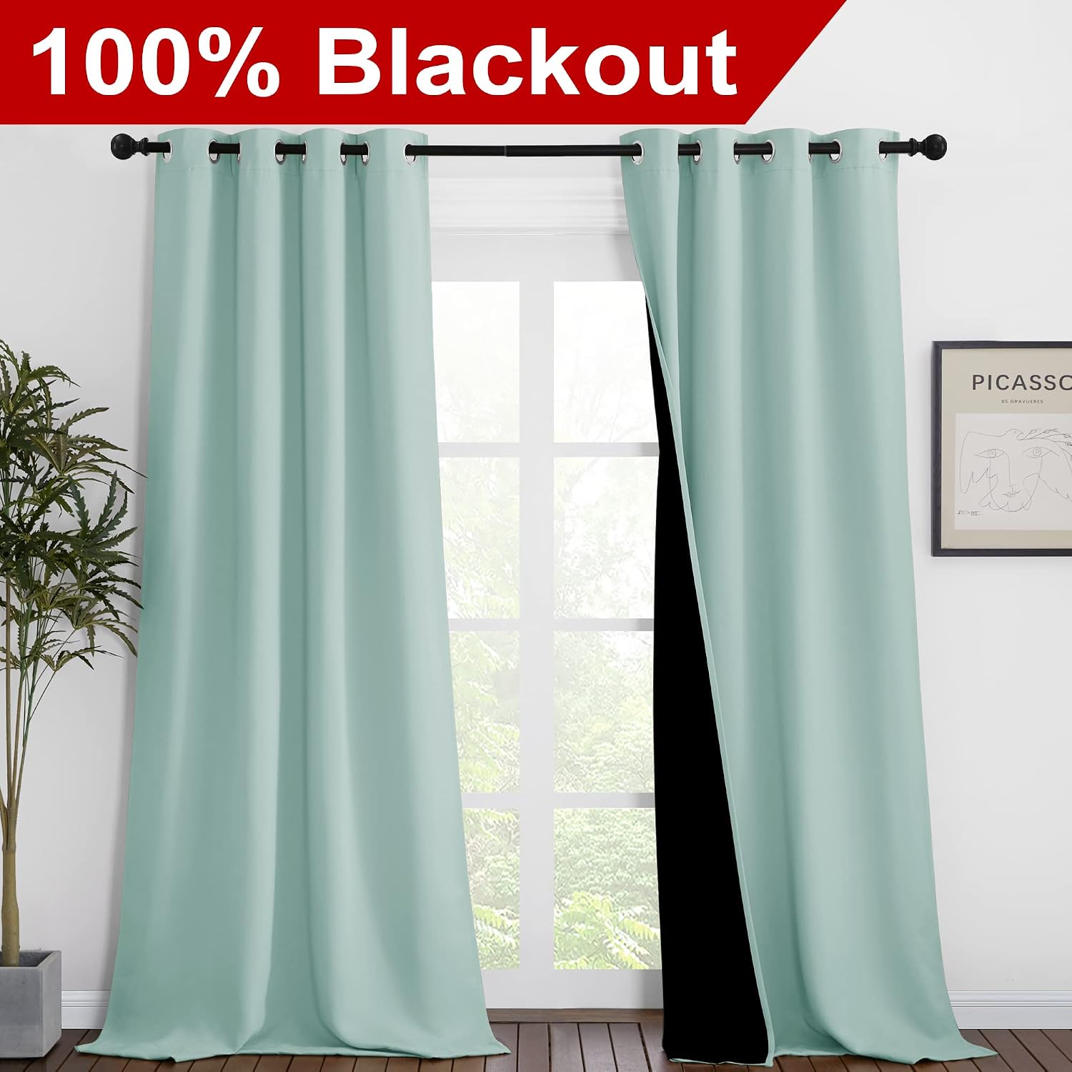 Nicetown Aqua Blue Blackout Curtains 90 inches Long, Full Light Blocking Drapes with Black Liner for Nursery, Thermal Insulated Draperies f…