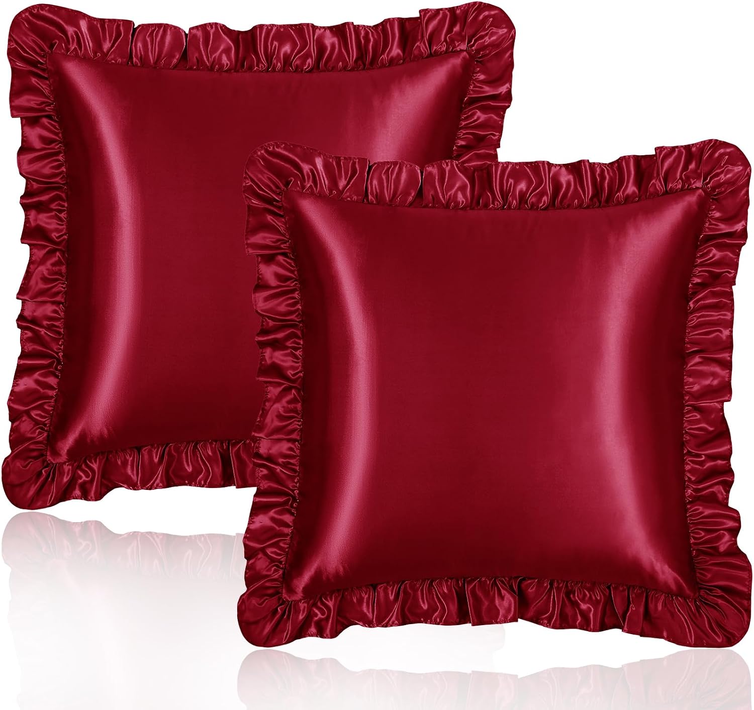 Homiest Ruffle Euro Sham Covers 26x26 Inch Set of 2, Burgundy Satin Pillow Shams with 3 Inch Wide Decorative Ruffled, European Square…