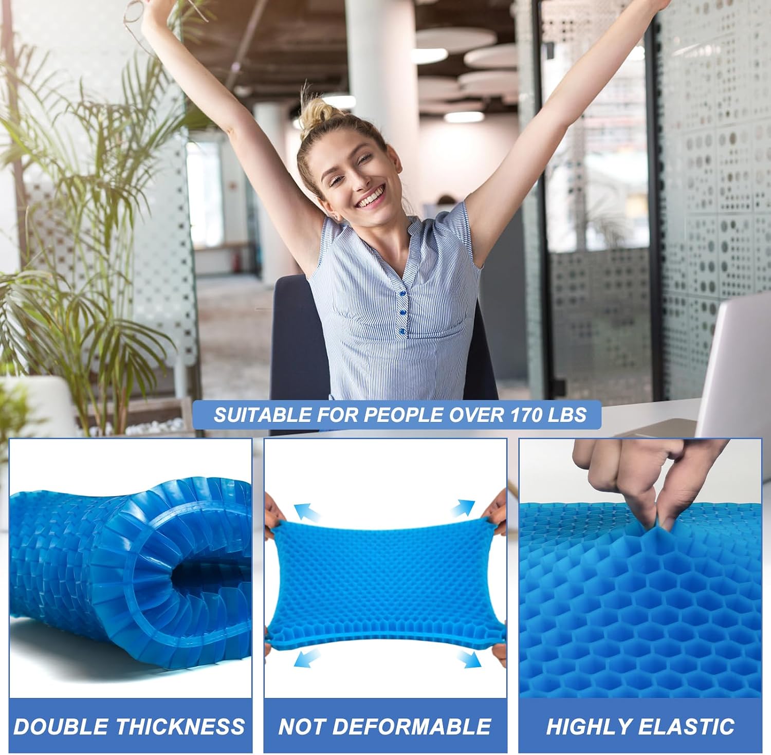 Gel Seat Cushion for Long Sitting - 18" x 16" x 2.4" (Extra Thick&Soft) Gel Cushion for People Over 200 lbs, Pressure Relief Cushion for…