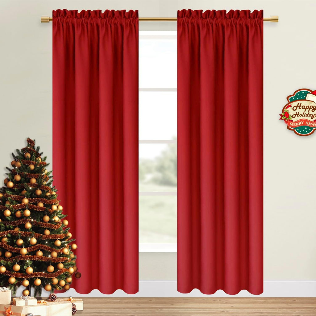 Dwcn Christmas Blackout Curtains for Bedroom – Thermal Insulated Energy Saving Drapes for Living Room, Red, W 38 x L 84 Inch, Set of 2 Rod…