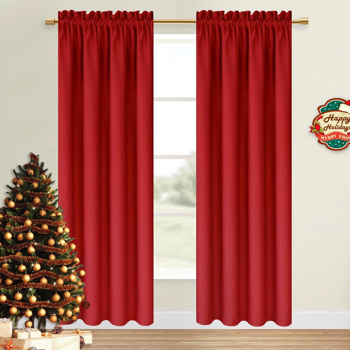 Dwcn Christmas Blackout Curtains Room Darkening Thermal Insulated Bedroom Curtains Window Curtain Panels, 52 x 84 inches Long, Set of 2 Red…