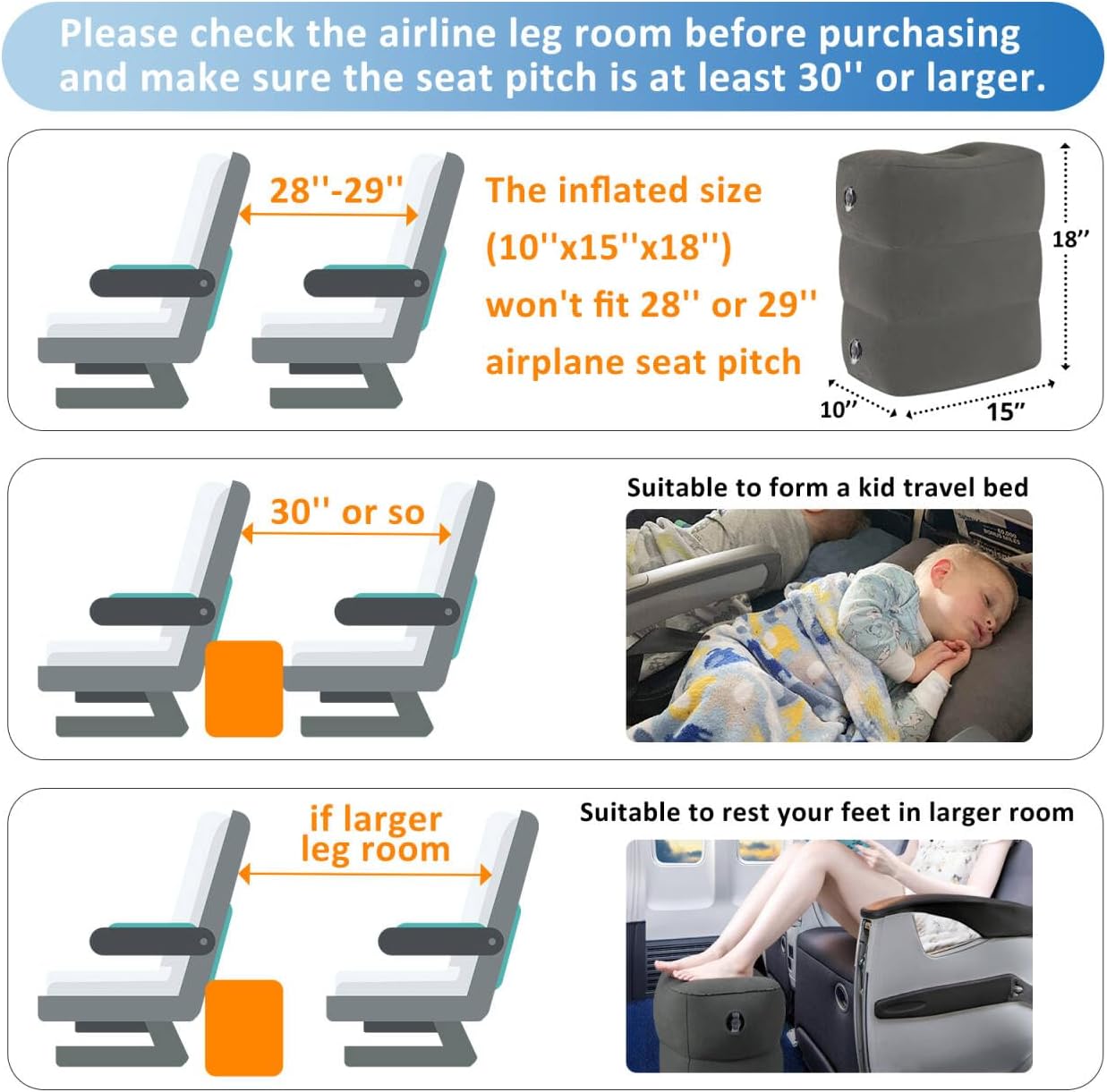 Fabuday Inflatable Airplane Foot Rest Pillow - Travel Foot Rest for Long Flights, Car Seat Foot Rest for Kids Airplane Seat Extender Bed fo…