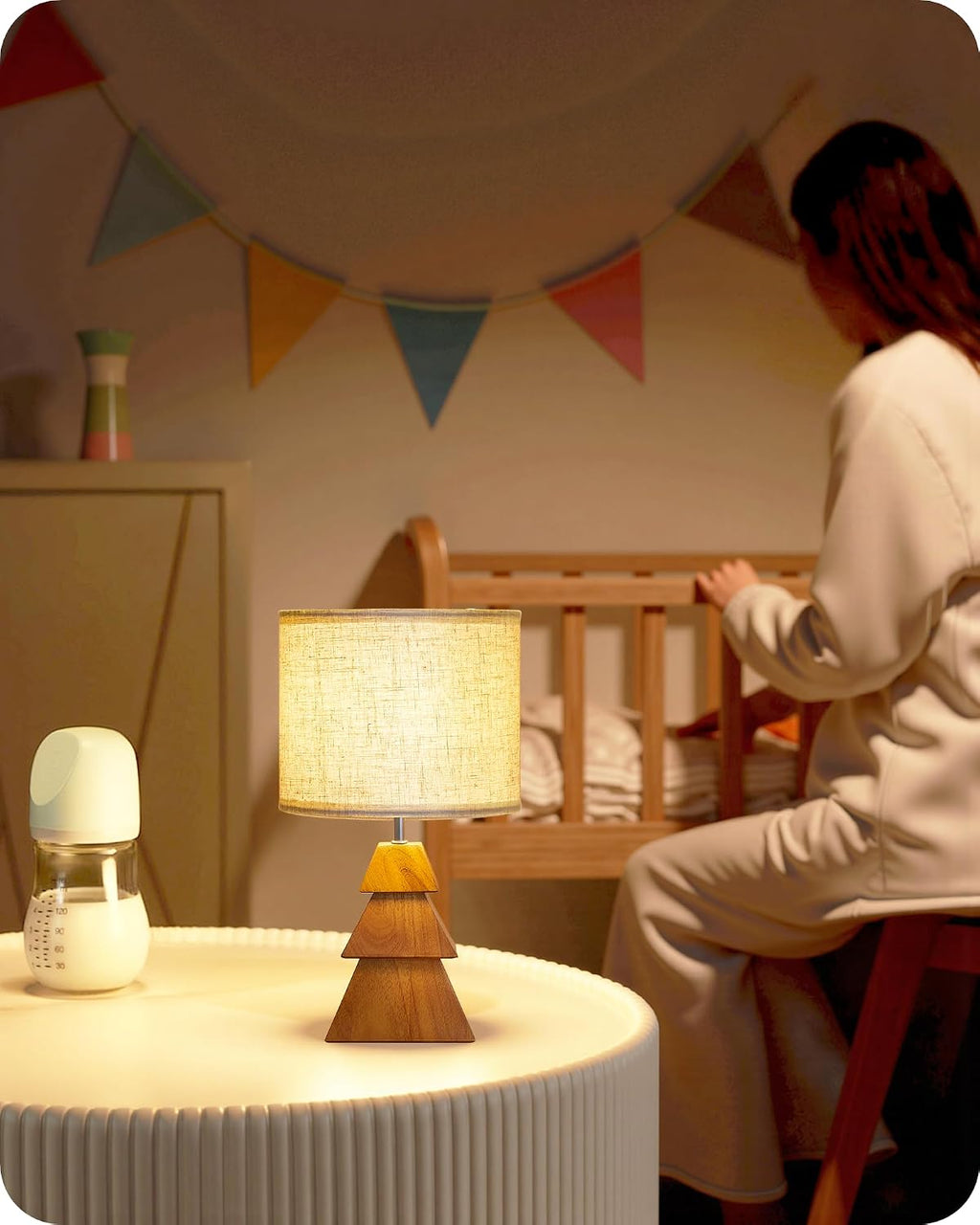 Wood Table Lamp, Wood Bedside Lamp with Tree-Shaped Base & Linen Lampshade, Modern Cute Desk Lamp for Living Room, Bedroom, E26 Base…