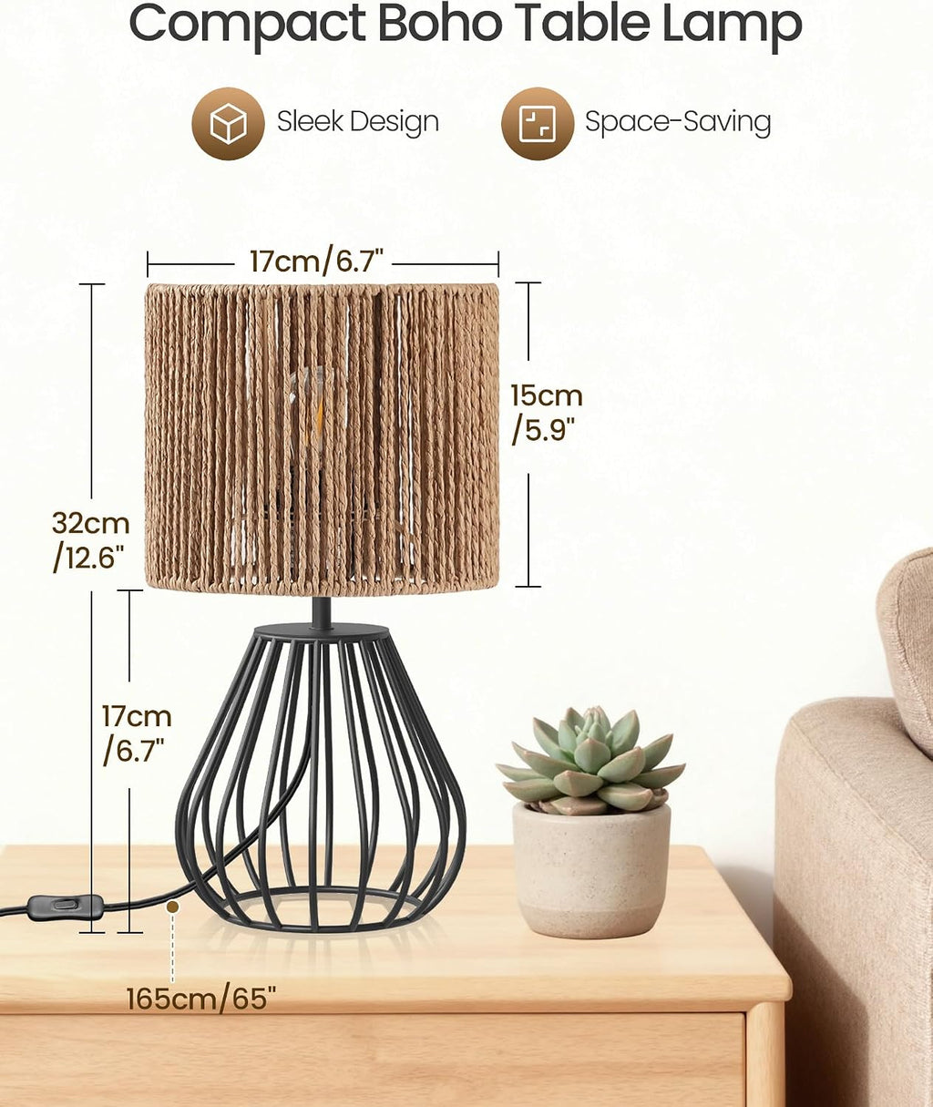 Rattan Table Lamp, Boho Table Lamp, Small Bedside Lamp, Handwoven Paper Lampshade, 2700K LED Bulb Included, Boho Desk Lamp, Modern…