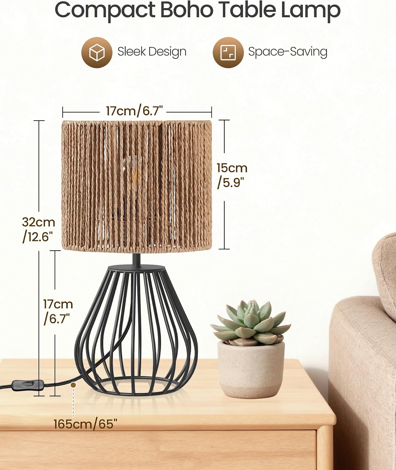 Rattan Table Lamp, Boho Table Lamp, Small Bedside Lamp, Handwoven Paper Lampshade, 2700K LED Bulb Included, Boho Desk Lamp, Modern…
