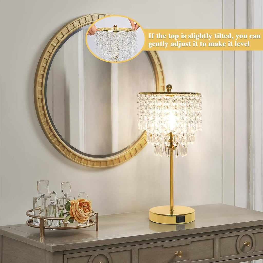 Touch Control Crystal Table Lamp with USB C+A Ports, 3-Way Dimmable Gold Lamp, Bedside Light with Crystal Shade, Girls Lamp for Bedroom…