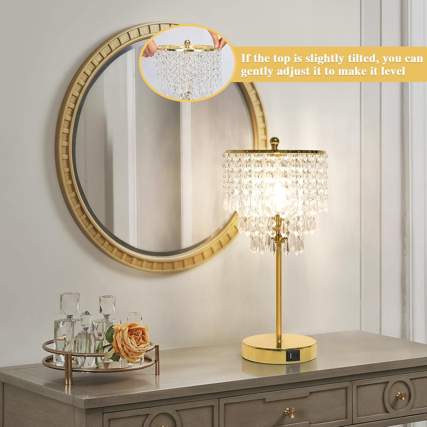 Touch Control Crystal Table Lamp with USB C+A Ports, 3-Way Dimmable Gold Lamp, Bedside Light with Crystal Shade, Girls Lamp for Bedroom…