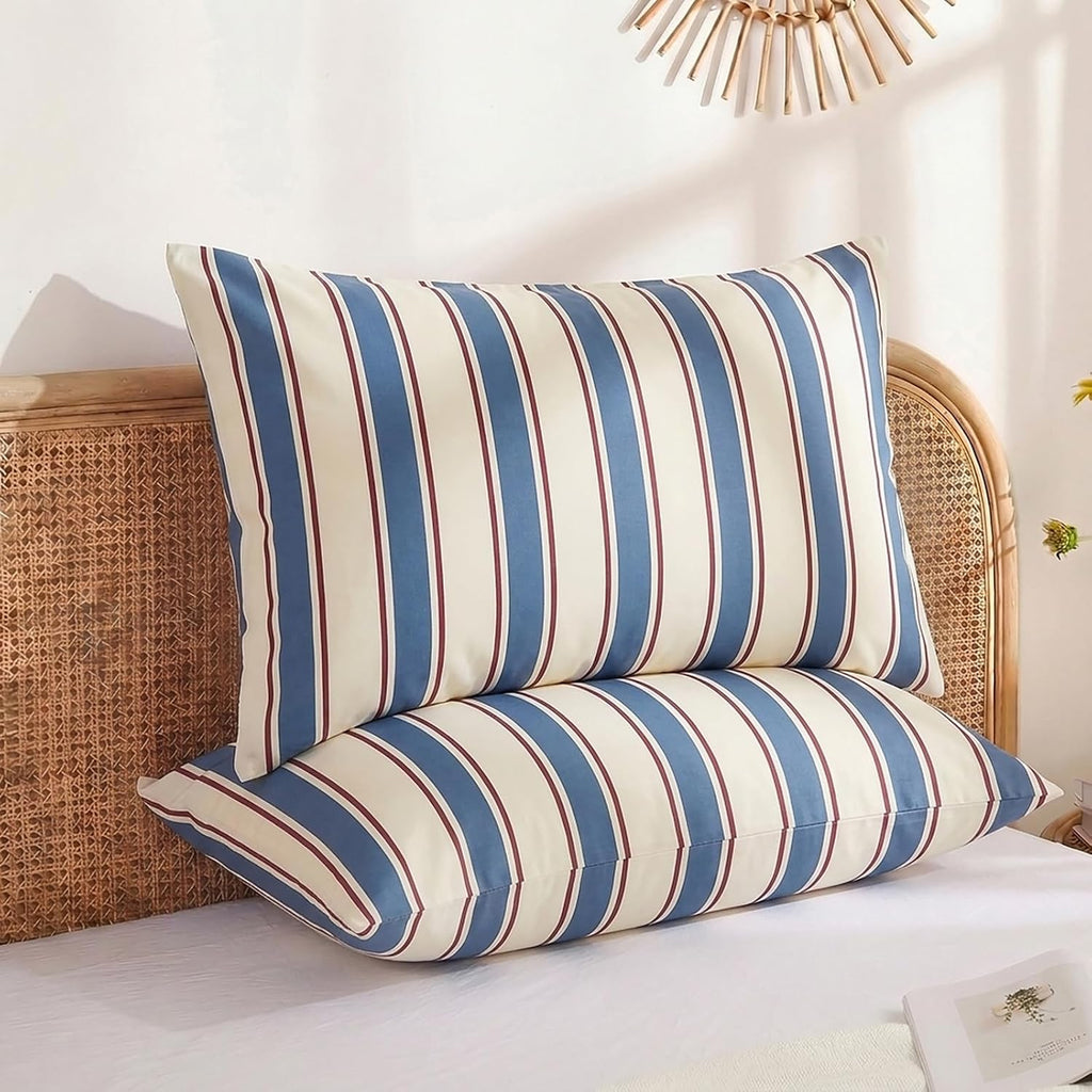 Merryword White and Blue Striped Pillowcases, 100% Cotton Pillow Cases, King Size Pillowcases, Luxury Linen Like Pillowcase, Soft Breathabl…