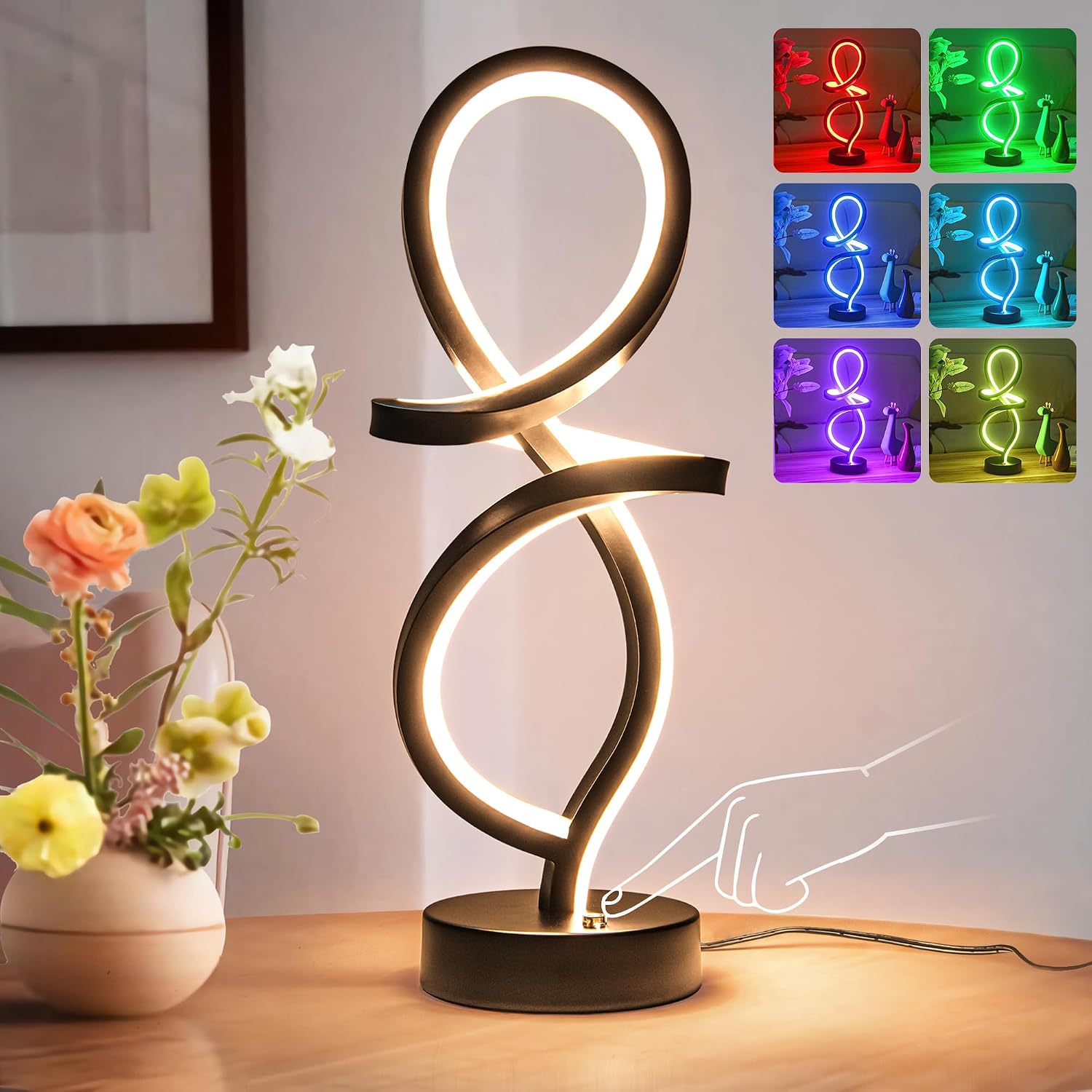 Mayful RGB Modern Table Lamp with 15W LED Spiral Spiral Design, Black Nightstand Lamp & Small Bedside Lamp, Touch Dimmable with 7 Colors…