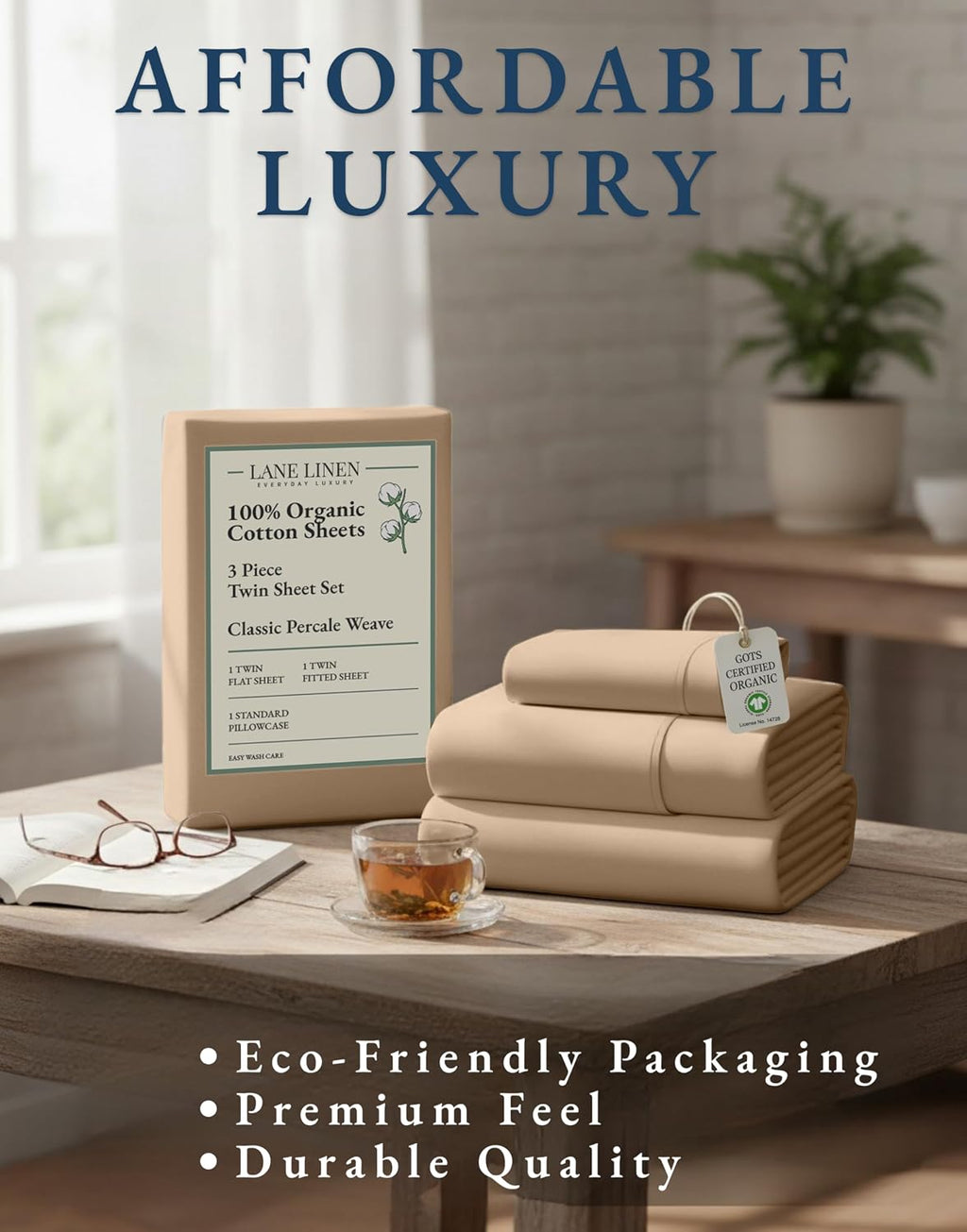 LaneLinen LANE LINEN 100% Organic Cotton Sheets Set Pure Long- Staple Percale Weave - Bedding for Bed Fits Mattress Upto 15in Deep Pocket (…